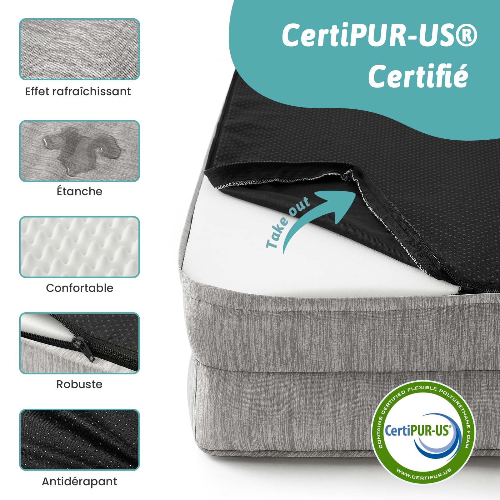 COZY KISS Chłodzące ortopedyczne legowisko dla dużego psa 107x76x18cm - Ergonomiczna sofa dla psa z odpinanym i pralnym pokrowcem oraz pianką w kształcie jajek, wodoodporna, srebrnoszara