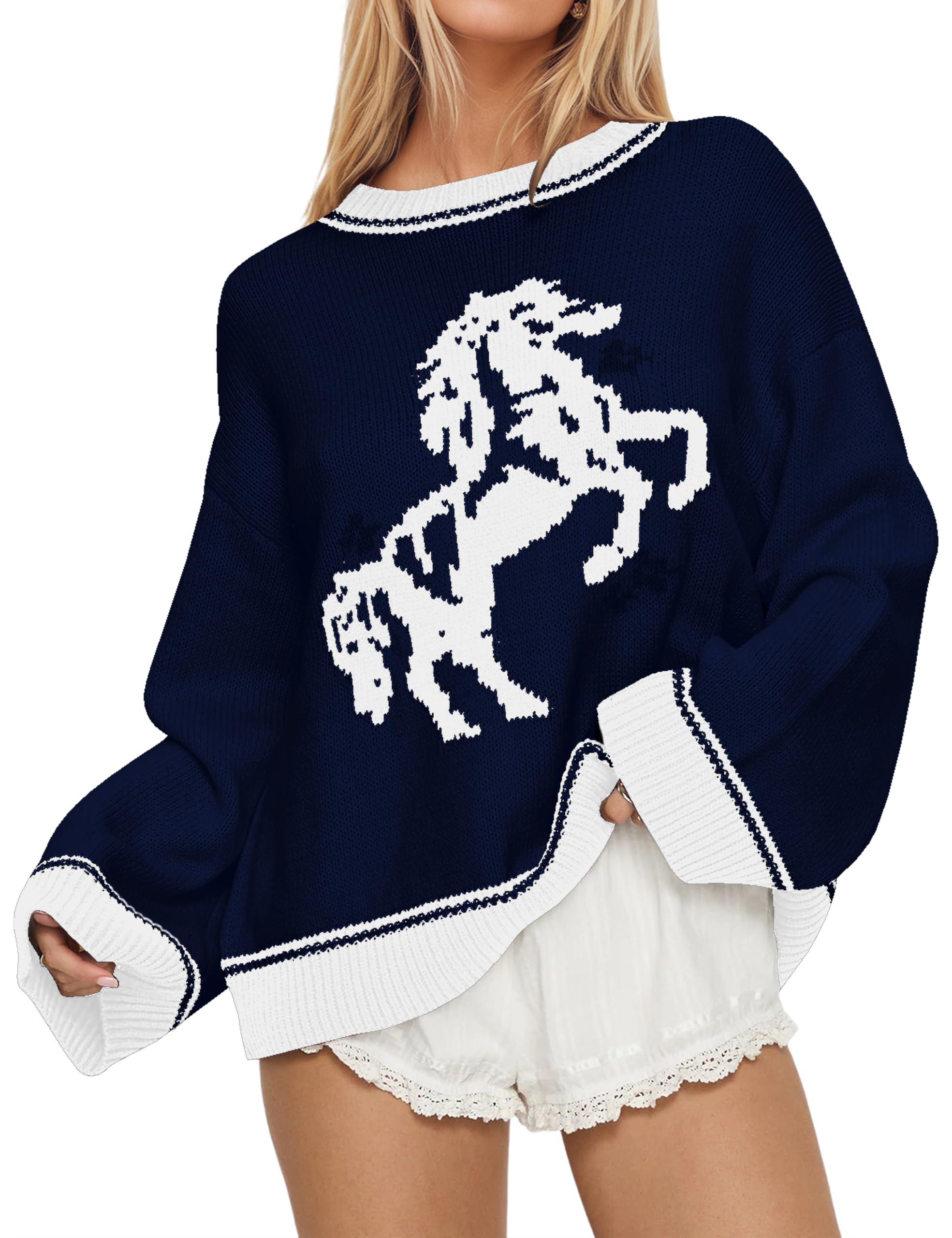 Crew Neck Oversized Sweater for Women Y2k Long Sleeve Sweaters Horse Graphic Knit Pullover Trendy Fall Sweater 2026