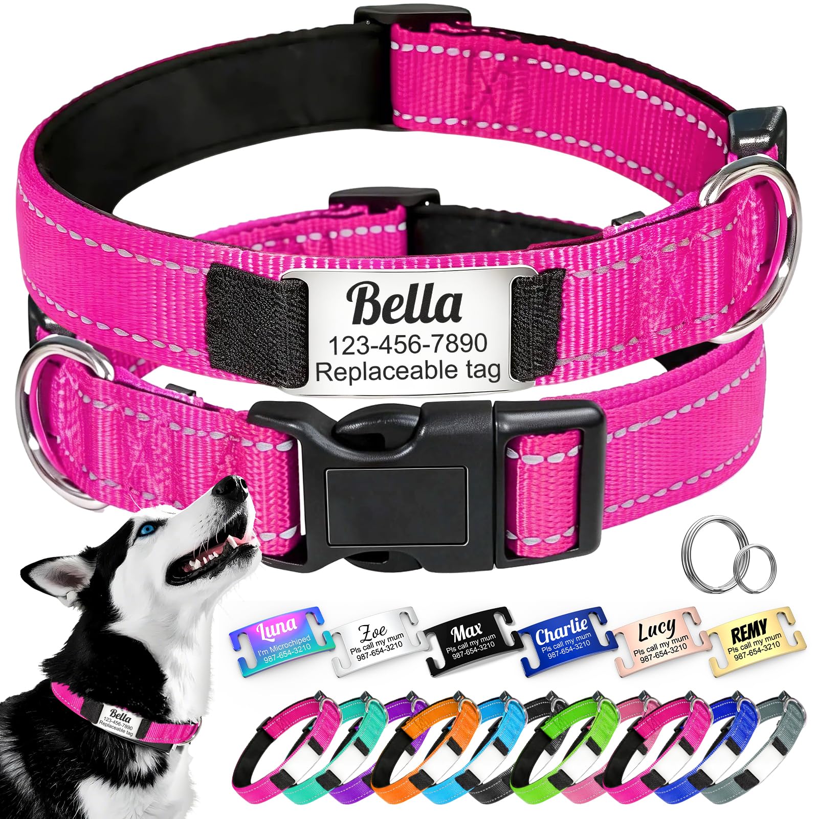Collar Personalizado para Perro - Ajustable y Reflectante, en Nylon Sólido con Grabado Láser Nombre Dirección Teléfono, Adecuado para Perros y Gatos de Pequeño, Mediano y Gran Tamaño