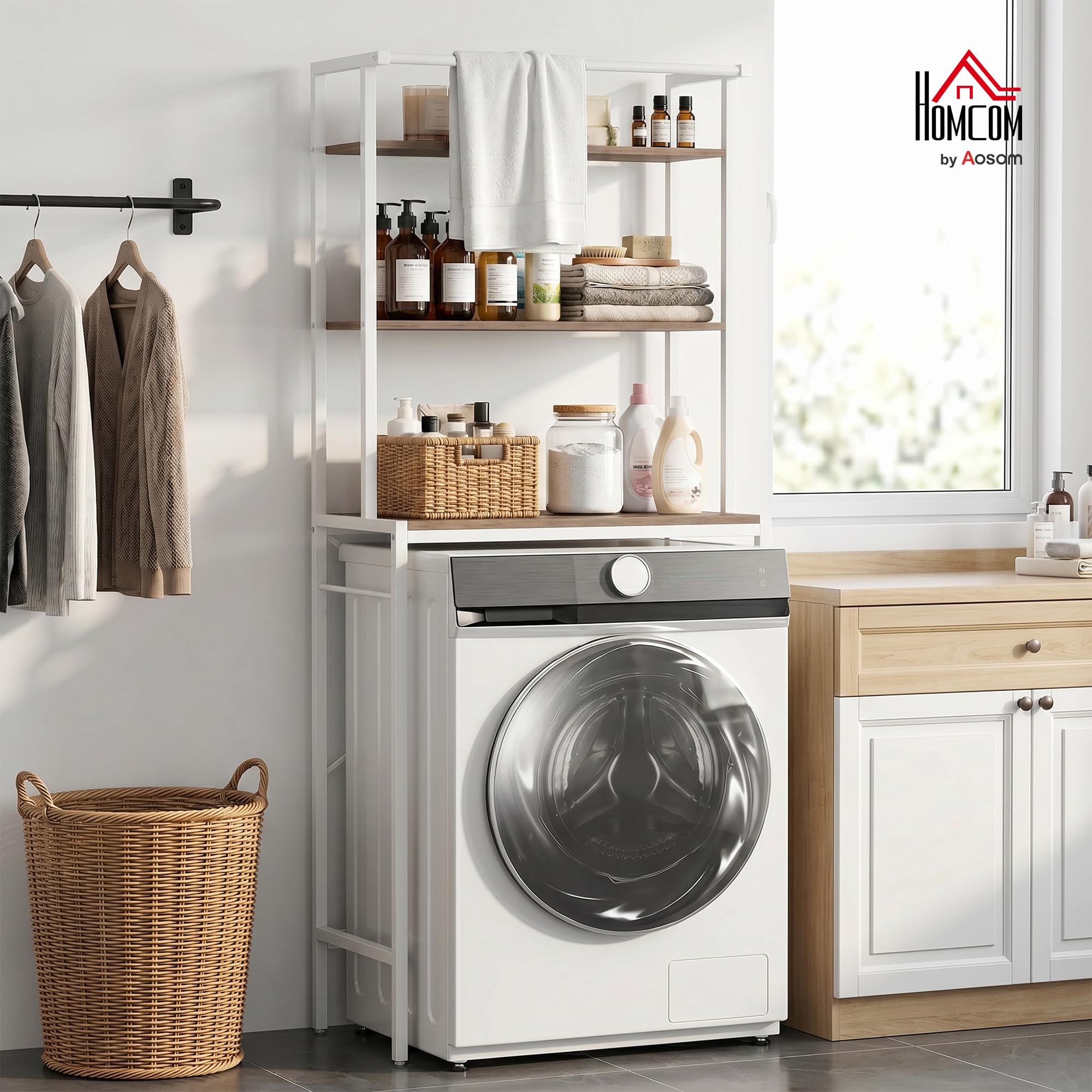 HOMCOM Estante para Lavadora 3 Niveles 67x40x161,8 cm Marrón y Blanco