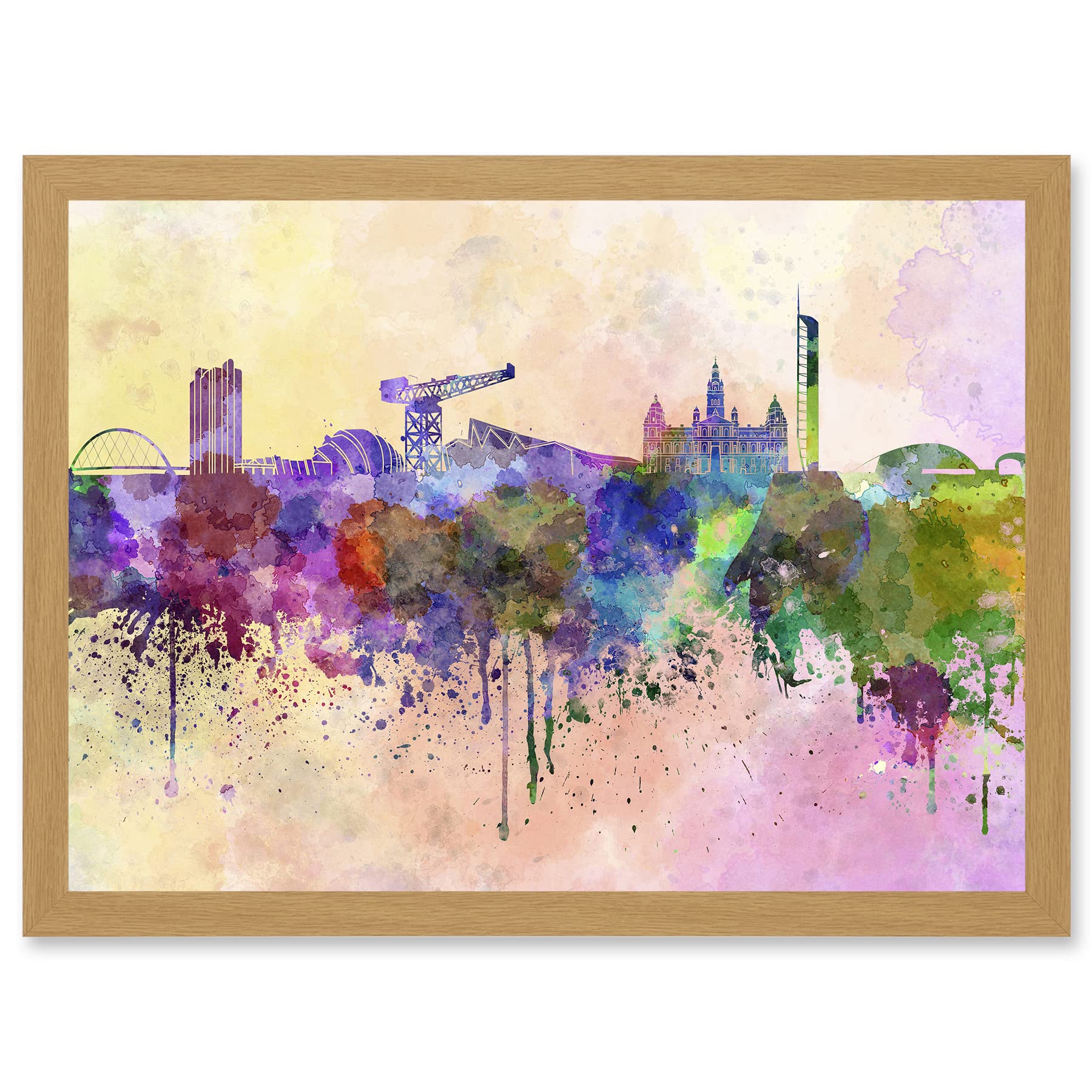 Artery8 Cityscape Paint Splash Skyline Of Glasgow City A4 Artwork Framed Wall Art Print