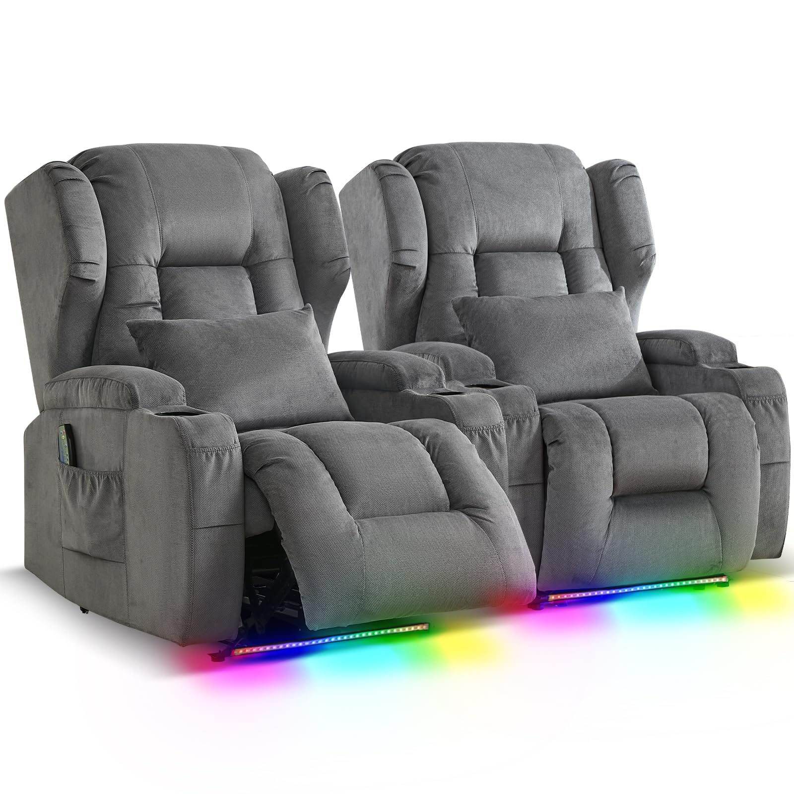 Oprisen Wall Hugger Power Recliner Chair Set of 2, Overstuffed Home Theater Seating w/Heat Massage Electric Movie Gaming Sofa Reclining Sleeper Chair with LED Light/Lumbar Pillow/Cup Holders