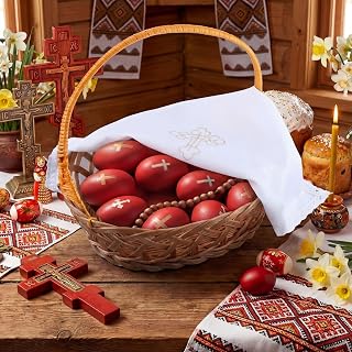 Yungyan Easter Orthodox Wicker Basket with 16" Square Embroidered Cross Cloth Cover Pascha Gift Orthodox Pascha Baskets Religious Table Decoration Communion Prosphora Greek Church Altar