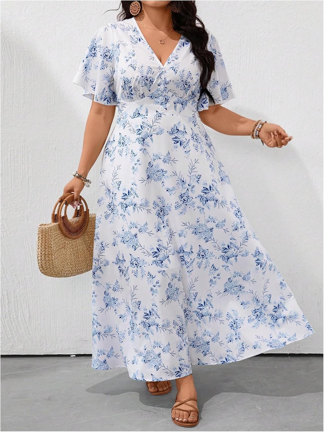 Floerns Women's Plus Size Summer Floral A Line Dress Short Sleeve V Neck Beach Vacation Long Dresses - Image 5