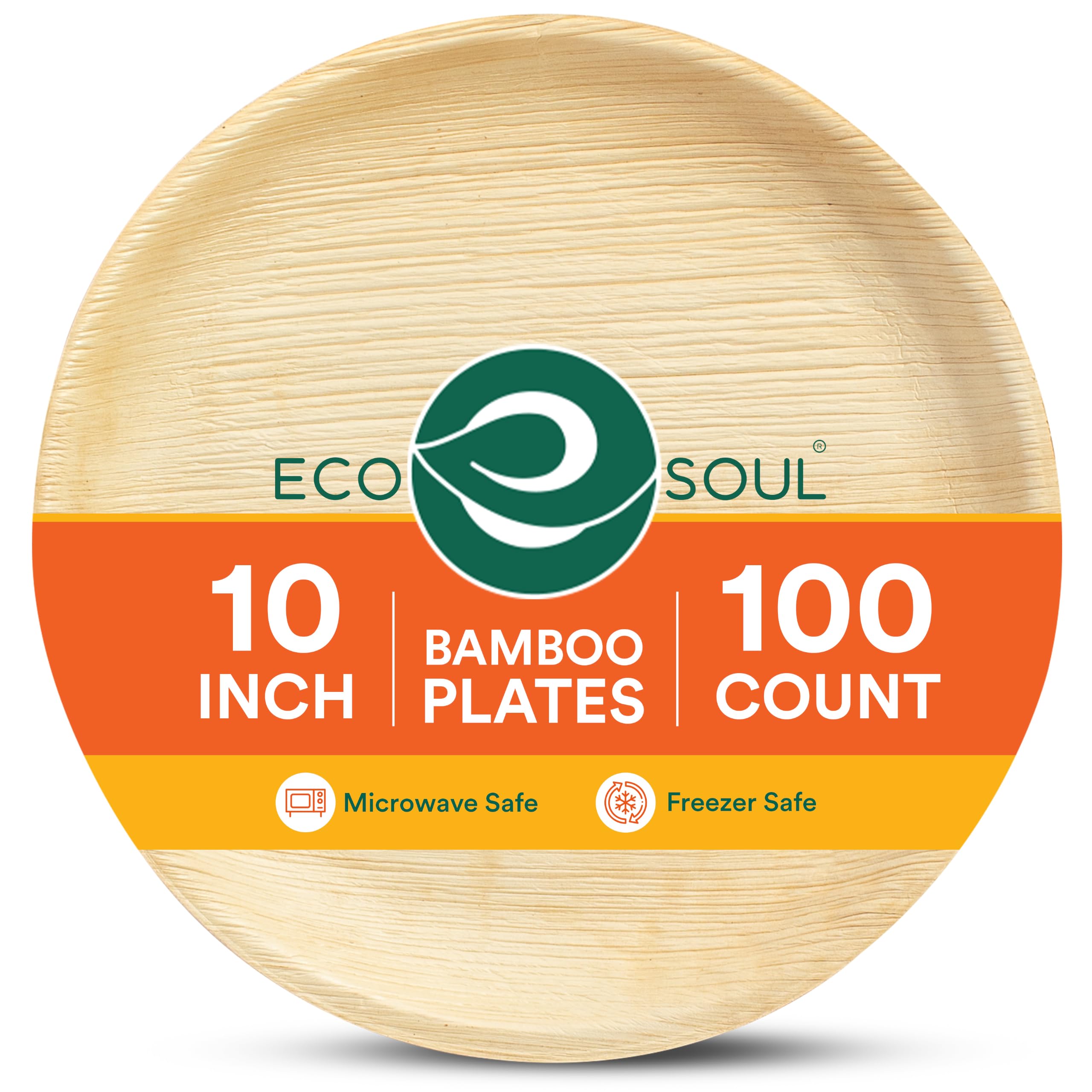 ECO SOUL Platos Redondos de Hoja de Palma 100% compostables [Paquete de 100] I Juego de Platos Desechables Premium I Platos Desechables de bambú ecológicos (Bronceado, Platos Redondos de 10")