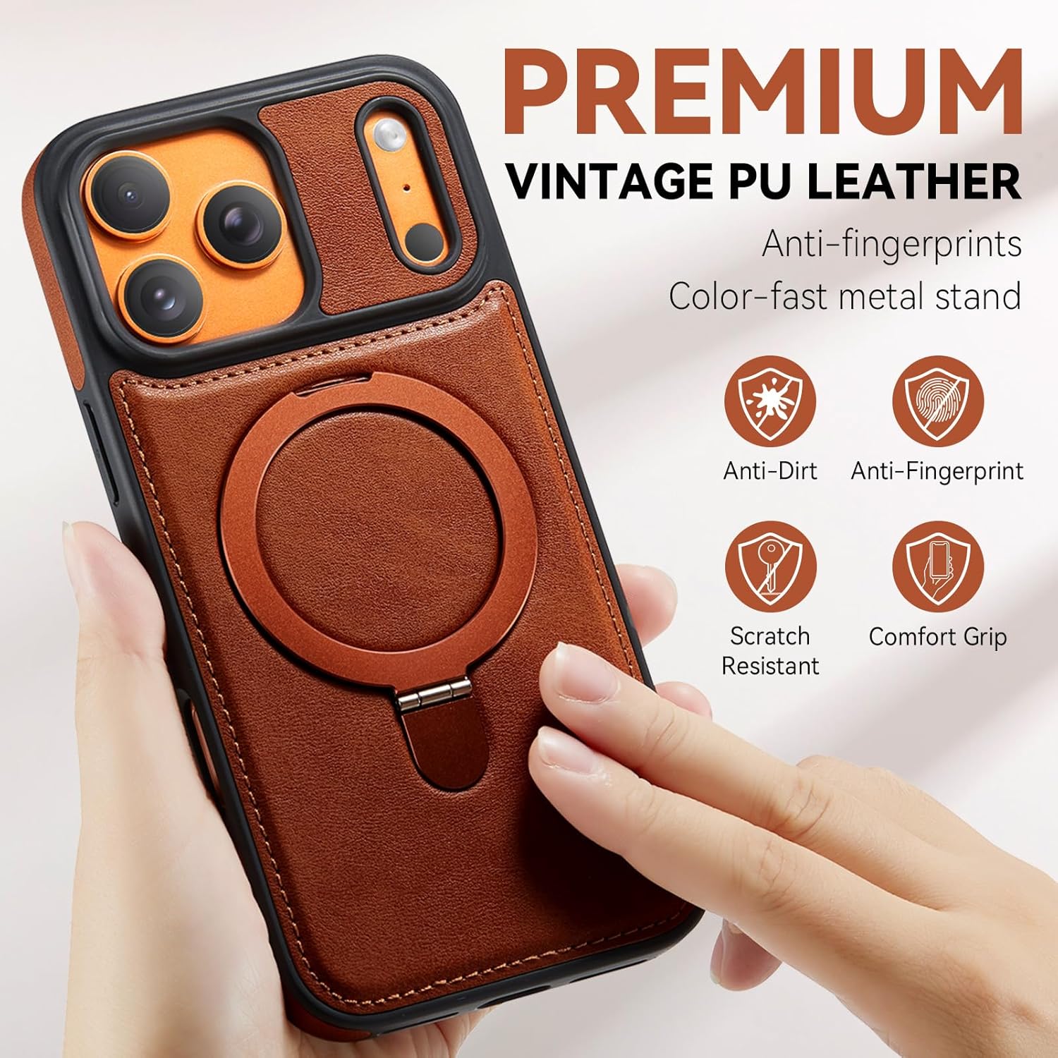 for iPhone 17 Pro Case with Stand, Compatible with MagSafe, Slim PU Leather & Durable TPU Protective Magnetic Kickstand Phone Cases Cover with Tempered Glass Screen Protector 6.3", Brown - Image 7