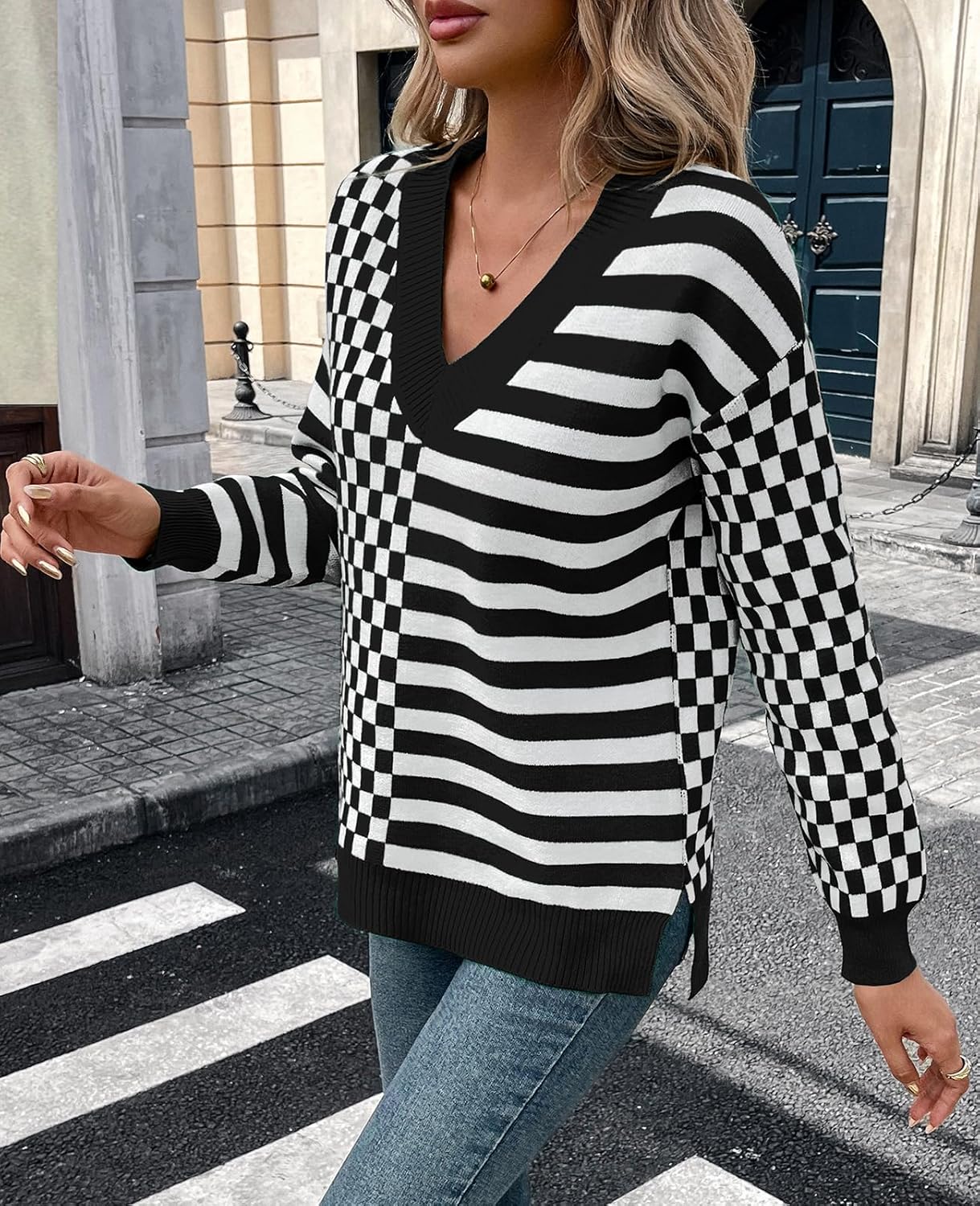 Women's Sweater Pullover Tops Knit V Neck Striped Checkered Winter Spring Long Sleeve Casual Fashion 2026 Lightweight Clothes - Image 3