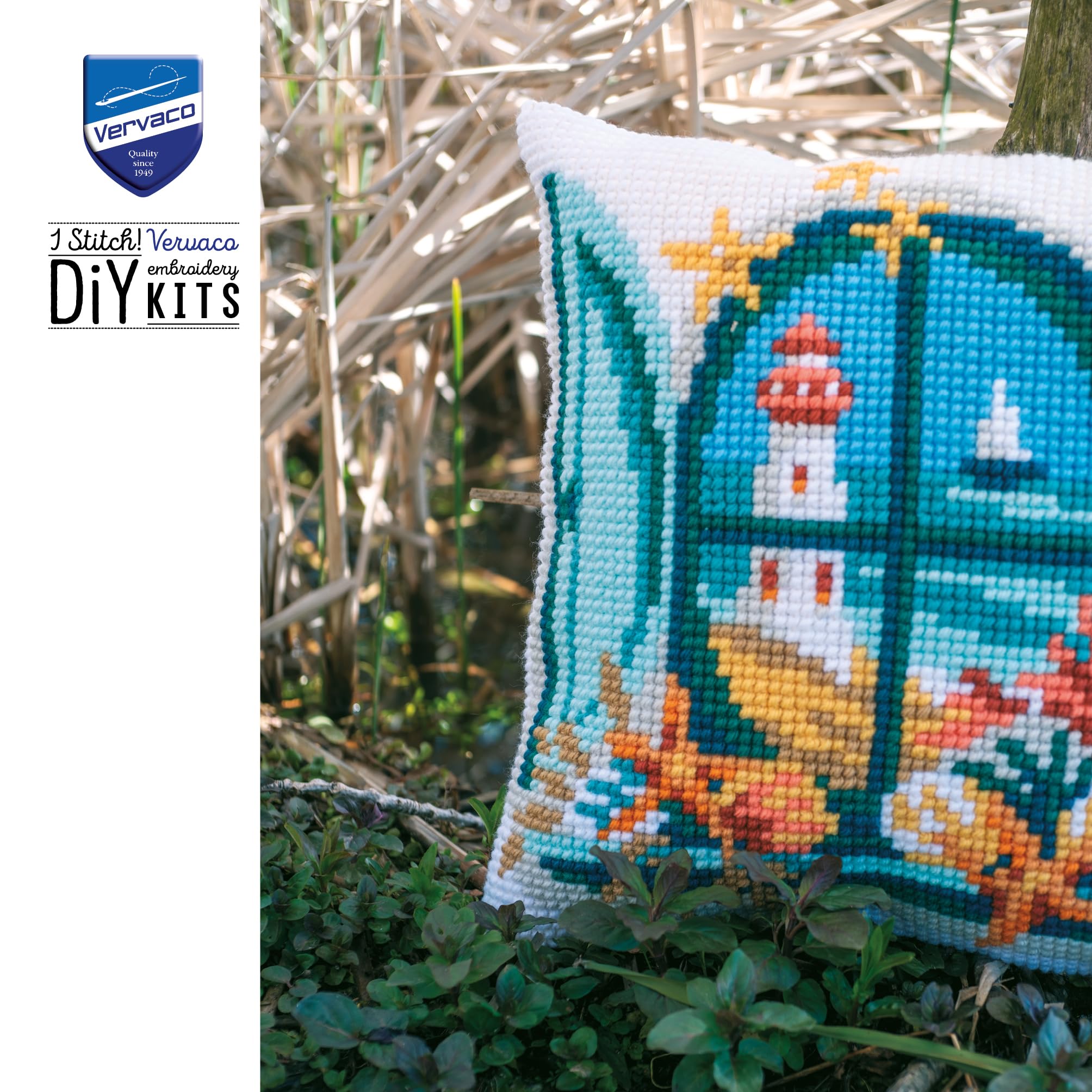 VERVACO Zestaw do Haftu Krzyżykowego Poduszka WIDOK NA MORZE Kanwa z Nadrukiem 40 x 40 cm Gruba Włóczka Akrylowa Zrób to Sam Dekoracja Domu DIY Cross Stitch Kit