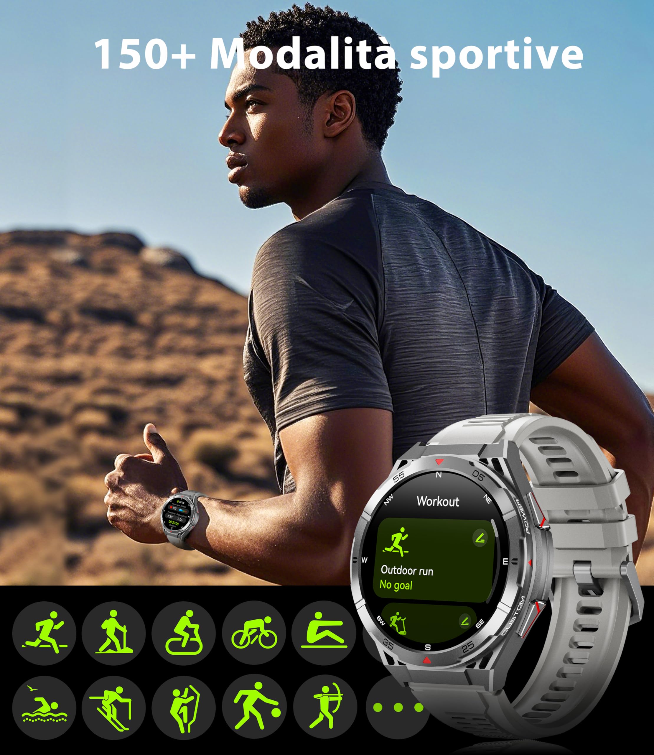 OUKITEL Smartwatch Uomo GPS,Orologio Militare Uomo 1,43" AMOLED Rugged Smart Watch Impermeabile con Chiamate Bluetooth,Altezza/Pressione,24H Monitoraggio,150+ Modalità Sport per Android iOS