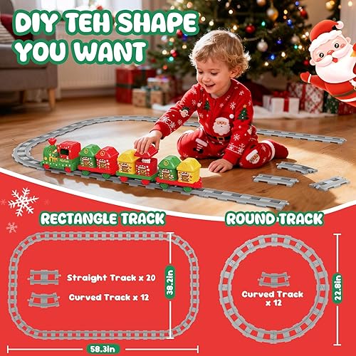 Vista 5 de Juego de tren para niños pequeños de 2 a 4 años, tren de Navidad para alrededor del árbol, con música, luz, pista, marionetas y granero, cumpleaños