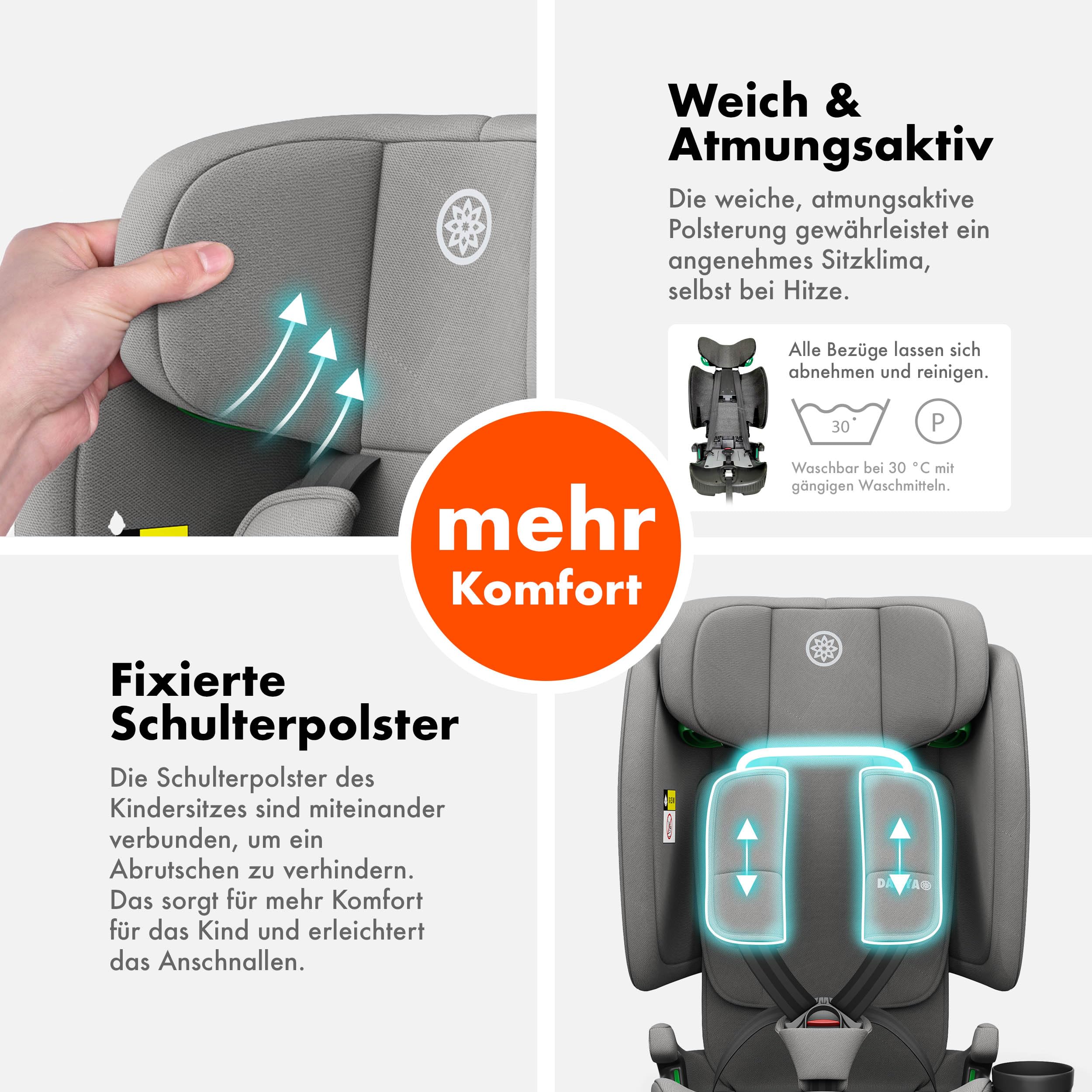 Daliya® JOYMAX i-Size Kindersitz, ISOFIX, Top Tether mit Warnmelder, für Kinder 76-150 cm, ab 15 Monaten, 9-36 kg, Autokindersitz (Grau)