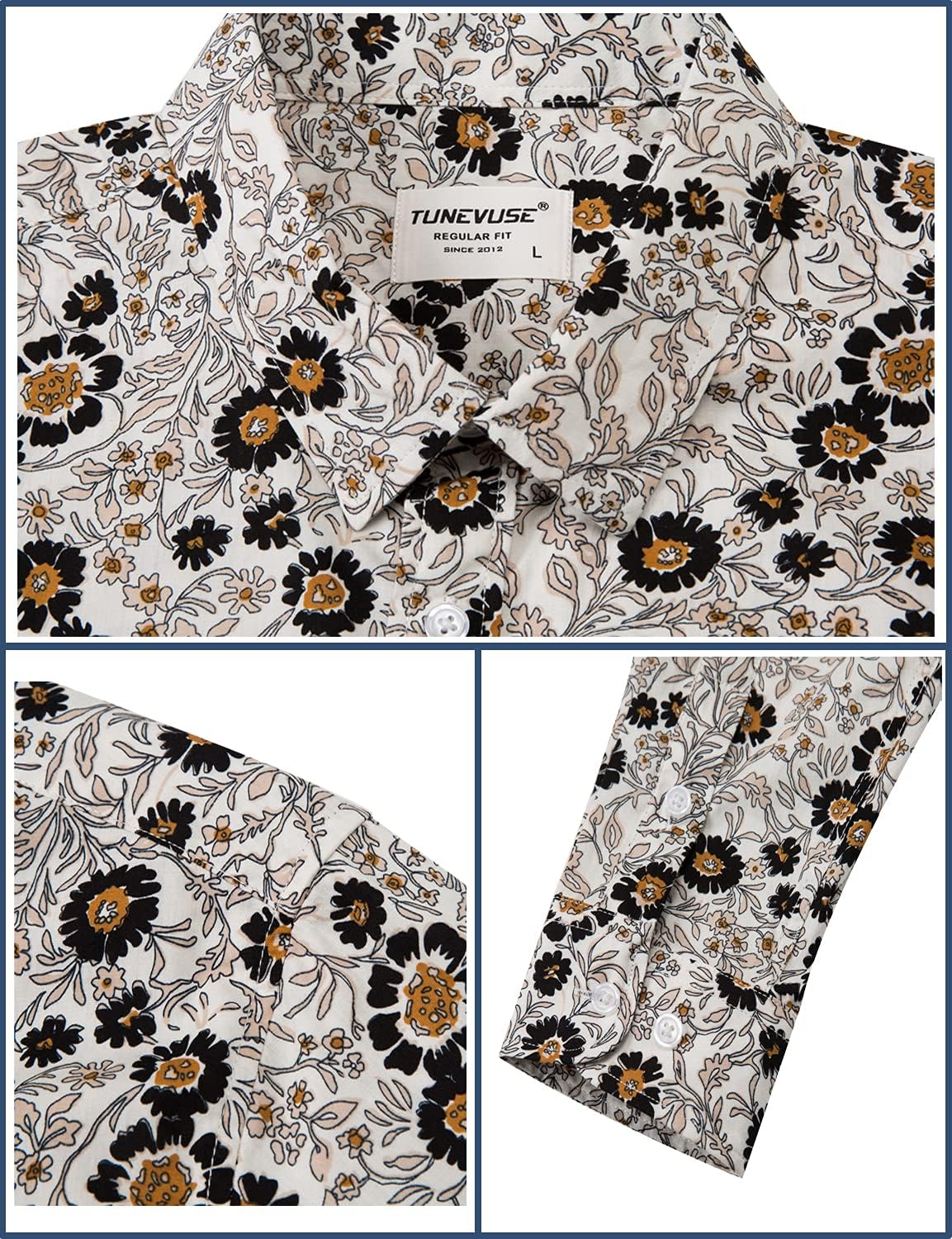 TUNEVUSE Mens Long Sleeve Floral Dress Shirt Flowered Pattern Print Button Down Shirts Cotton - Image 4