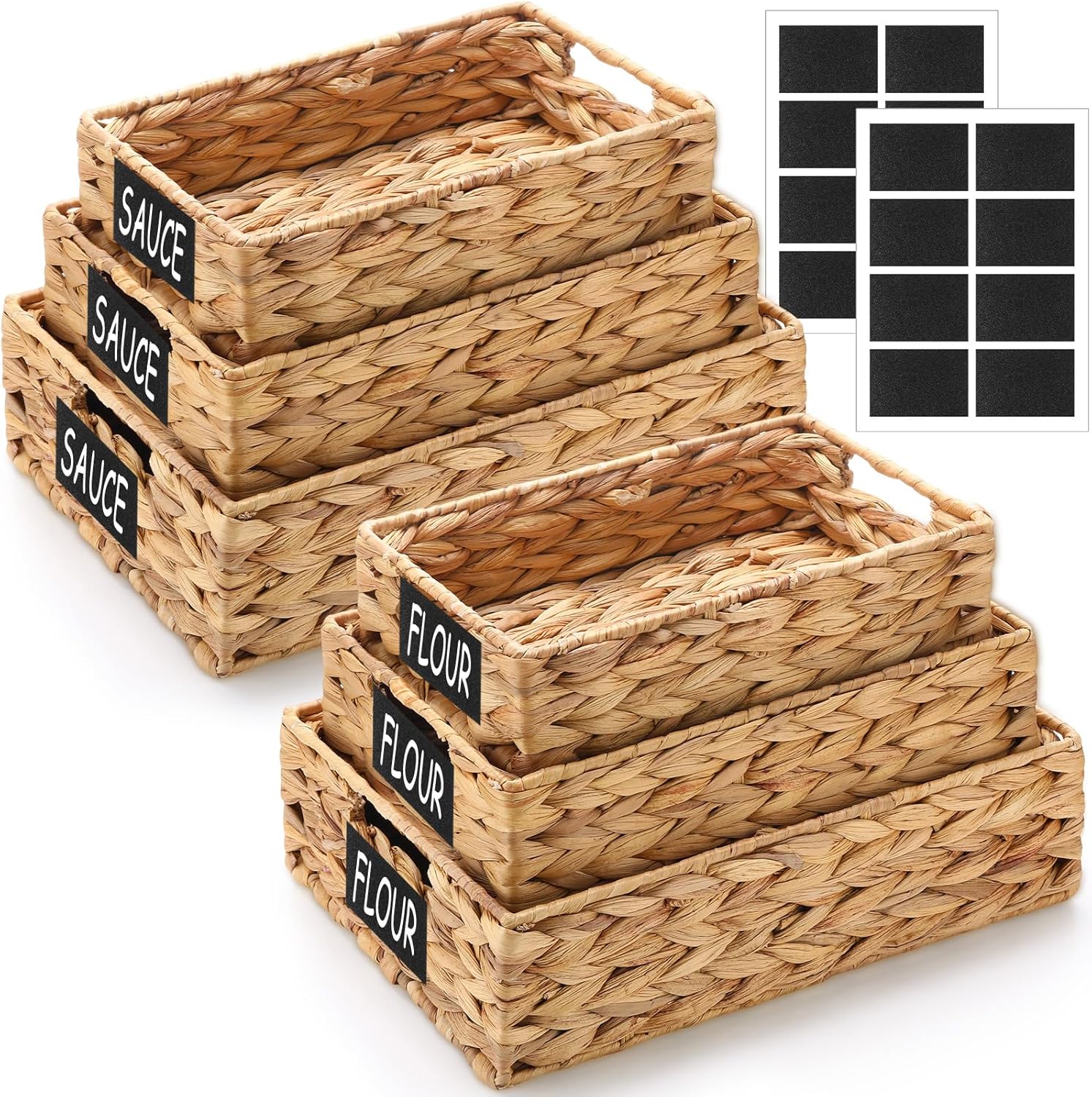 Set of 6 Water Hyacinth Pantry Storage Baskets Wicker Storage Baskets Woven Organizers with Chalkboard Label for Organizing Shelves, Bedroom, Living Room (Large, Medium, and Small)