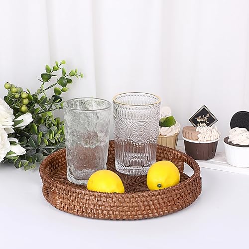 Miniatura 2 de Hipiwe Bandeja redonda de ratán con asas, bandeja decorativa tejida para mesa de café, pequeña bandeja otomana de mimbre para servir desayuno,