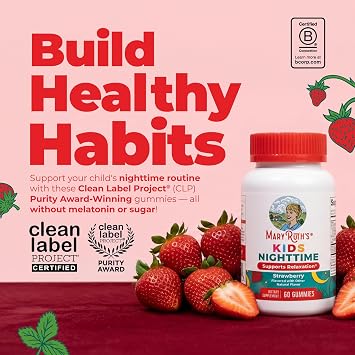 MARYRUTH'S Kids Nighttime Gummies for Ages 4+, No Melatonin, Sugar Free | L Theanine, Lemon Balm, Chamomile, Vitamin B6, Non-GMO