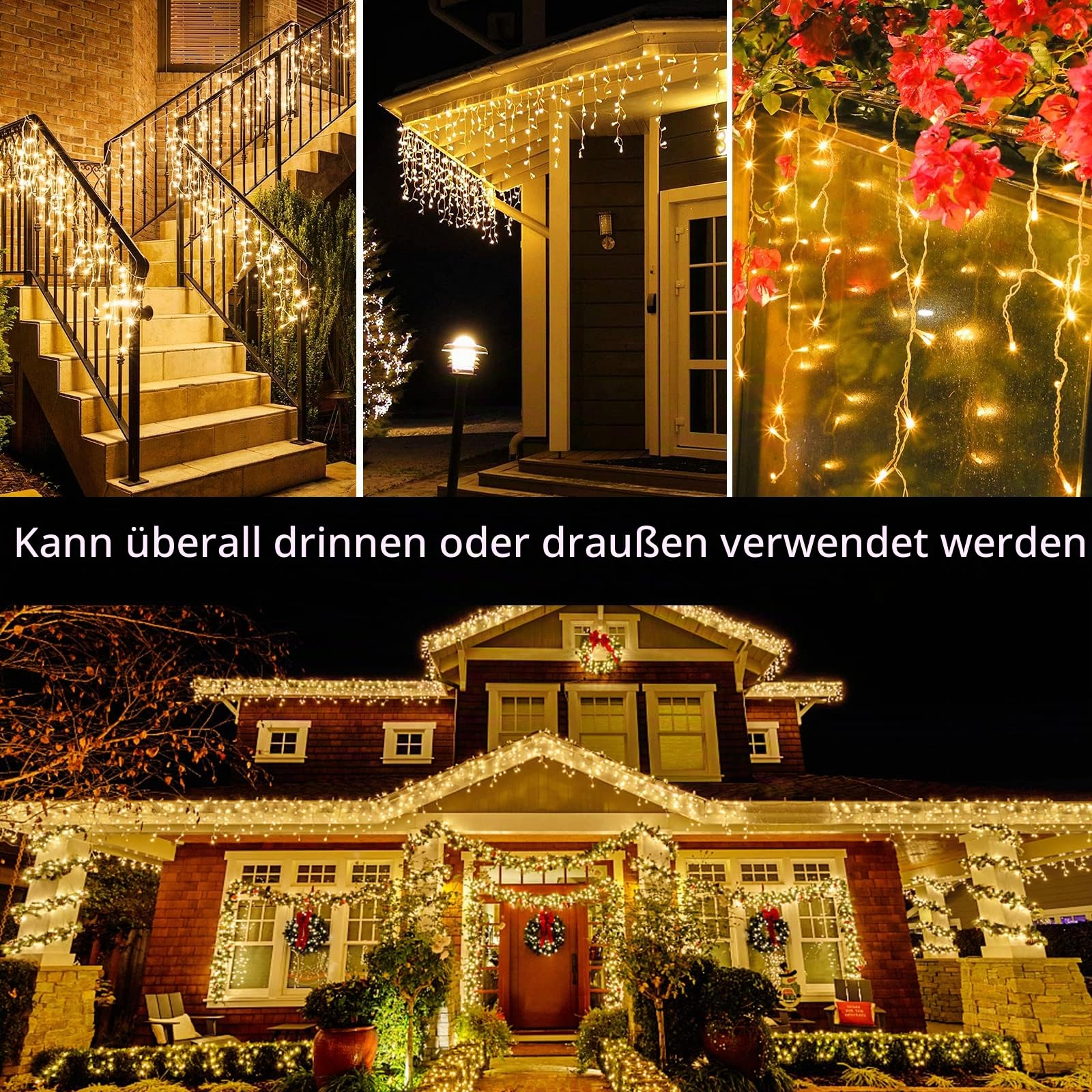 400 LED Eisregen Lichterkette Außen, 10M Erweiterbare Lichterkette Vorhang Fenster mit Timer Innen Strombetrieben 8 Modi IP44 Warmweiß Eiszapfen Lichtervorhang aussen für Traufe Garten Balkon