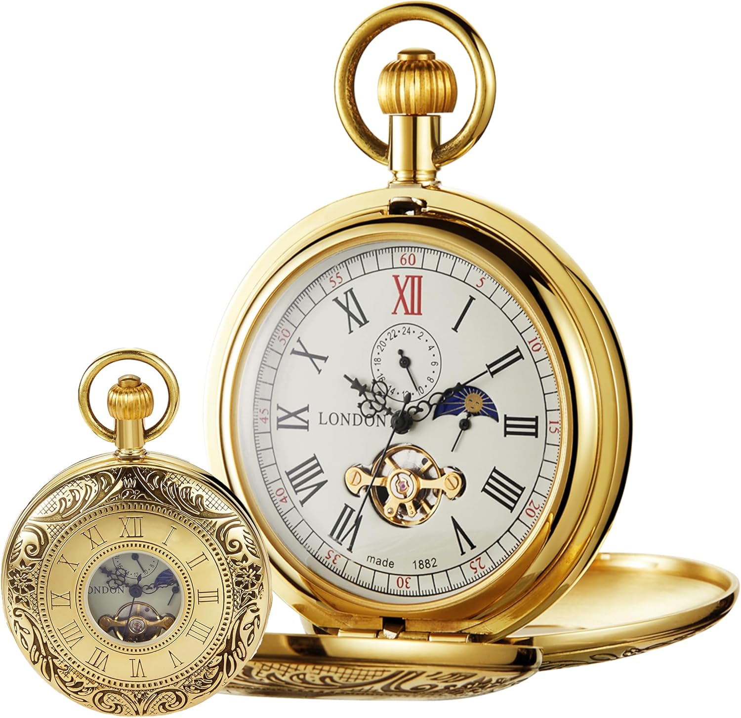 Copper Pocket Watch Steampunk Mechanical London Hand Wind Mens Watches with Chains & Boxs