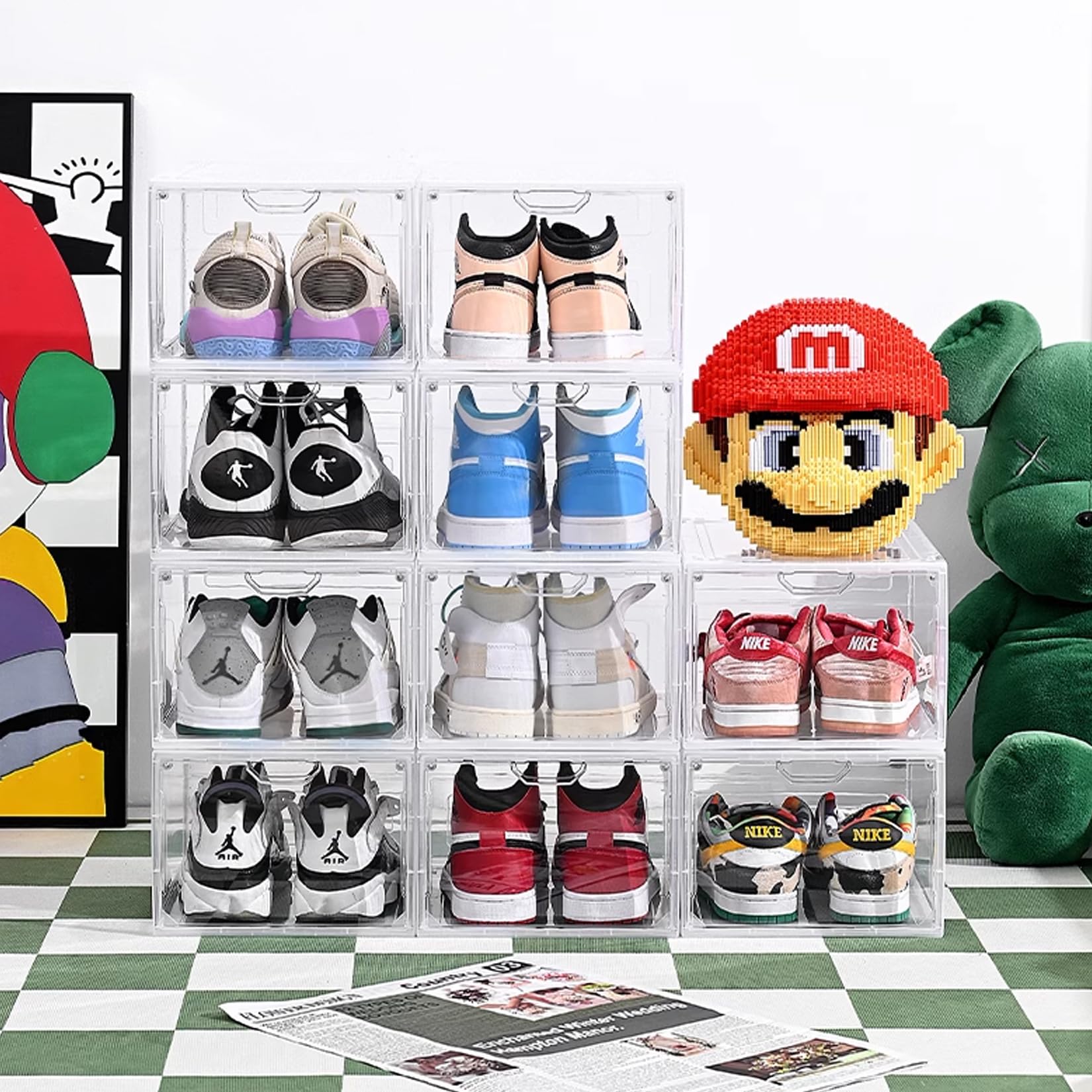 Schuhboxen Organizer-Schuhkartons durchsichtig,Transparent Schuhaufbewahrung für Sneakers und Turnschuhe,Kunststoffbox mit durchsichtiger Tür, 33.5 x25 x 8cm, für Schuhe bis Größe 46, Weiß (6Pcs)