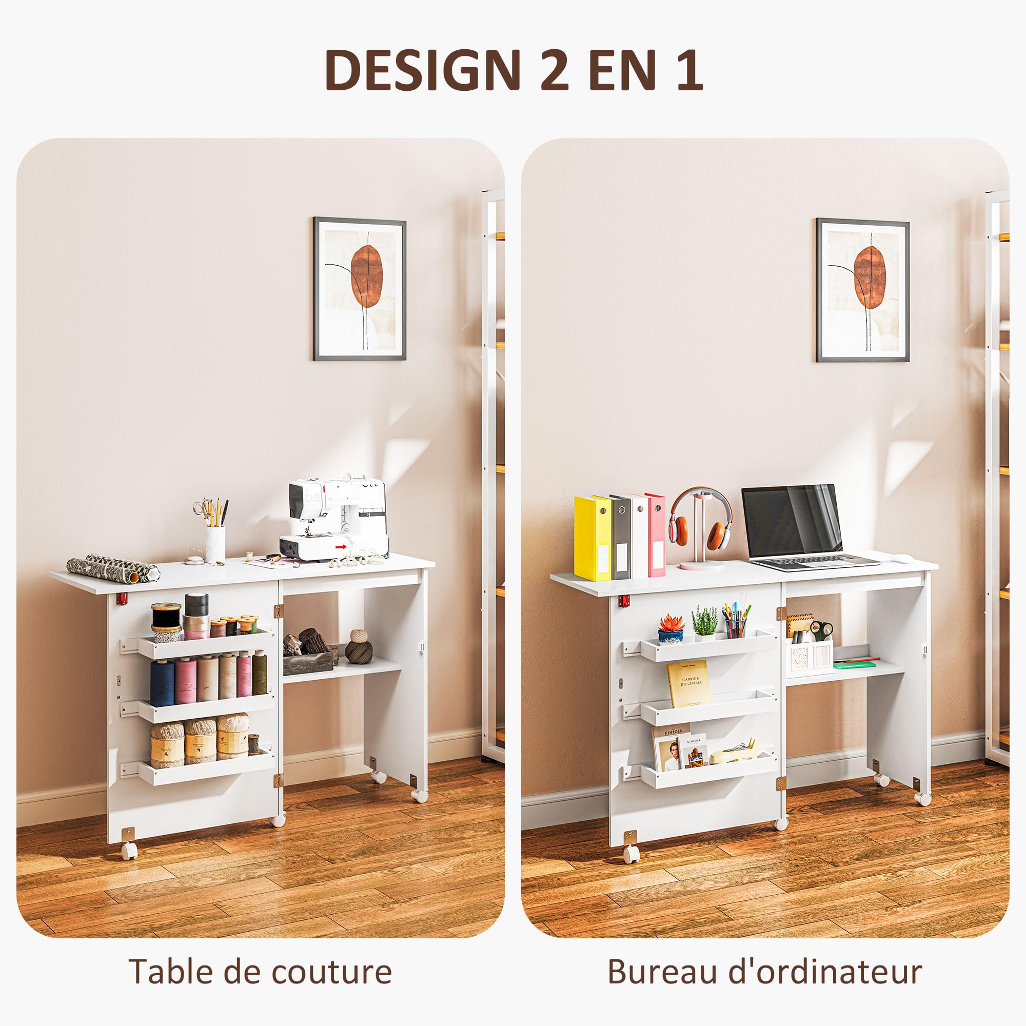 HOMCOM Nähtisch klappbar Nähmöbel mit Klappe mit Ablagefächern, offenem Regal und Rollen, Nähmaschinenmöbel, für Wohnzimmer, Büro, Studio, ABM. 118 x 40 x 79,5 cm, weiß