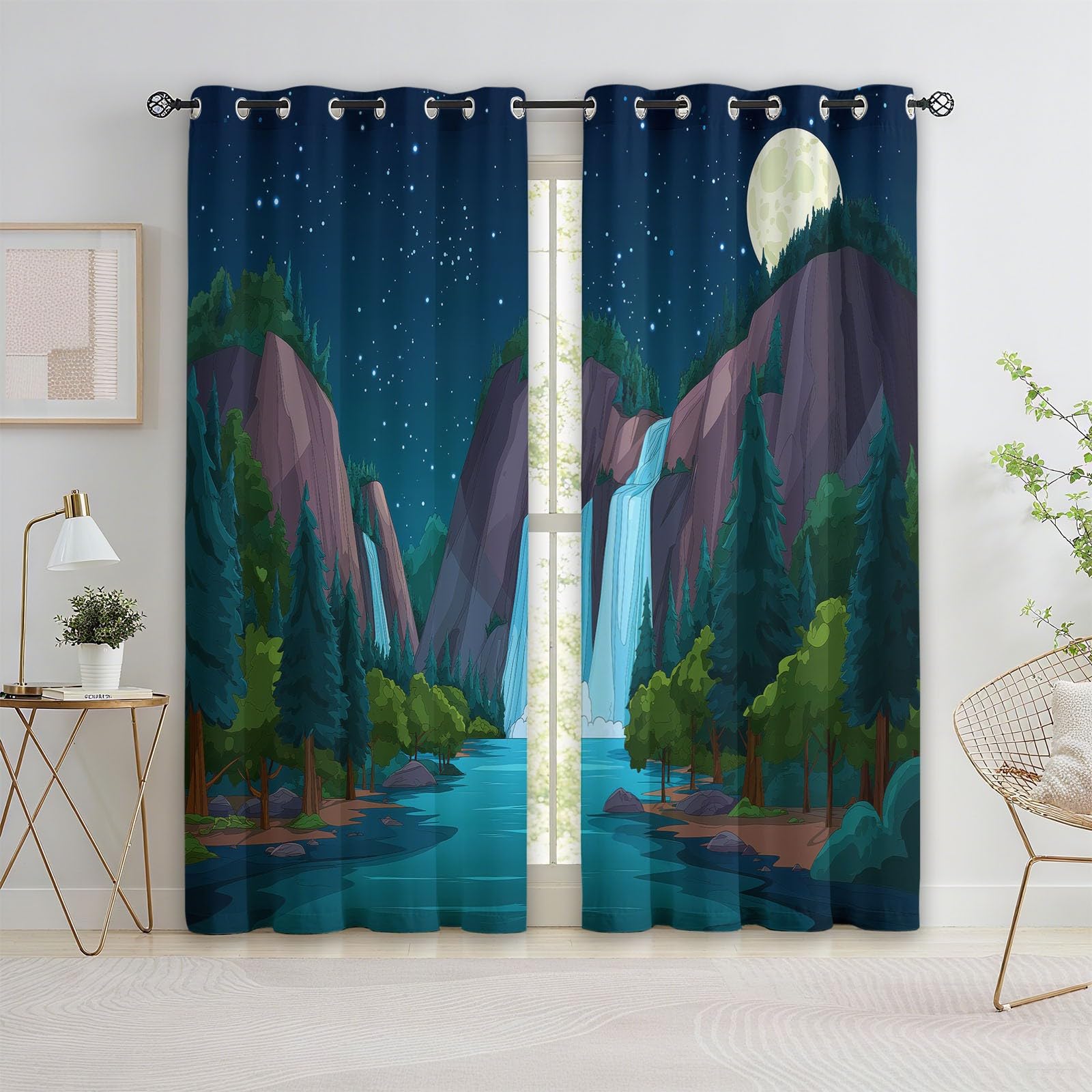 Berge Wasserfall Sternenhimmel 2er Set Verdunkelungsvorhänge mit Ösen, Cartoon Blickdicht Thermo Isoliert Vorhänge für Wohnzimmer & Schlafzimmer, HxB 214 x 91.5 cm