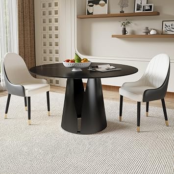 53 Round Marble Dining Table for 4,Modern Sintered Stone Kitchen Dinner Table with Strong Black Carbon Steel Pedestal, Black Dining Table Set for Dining Room/Living Room Table Only