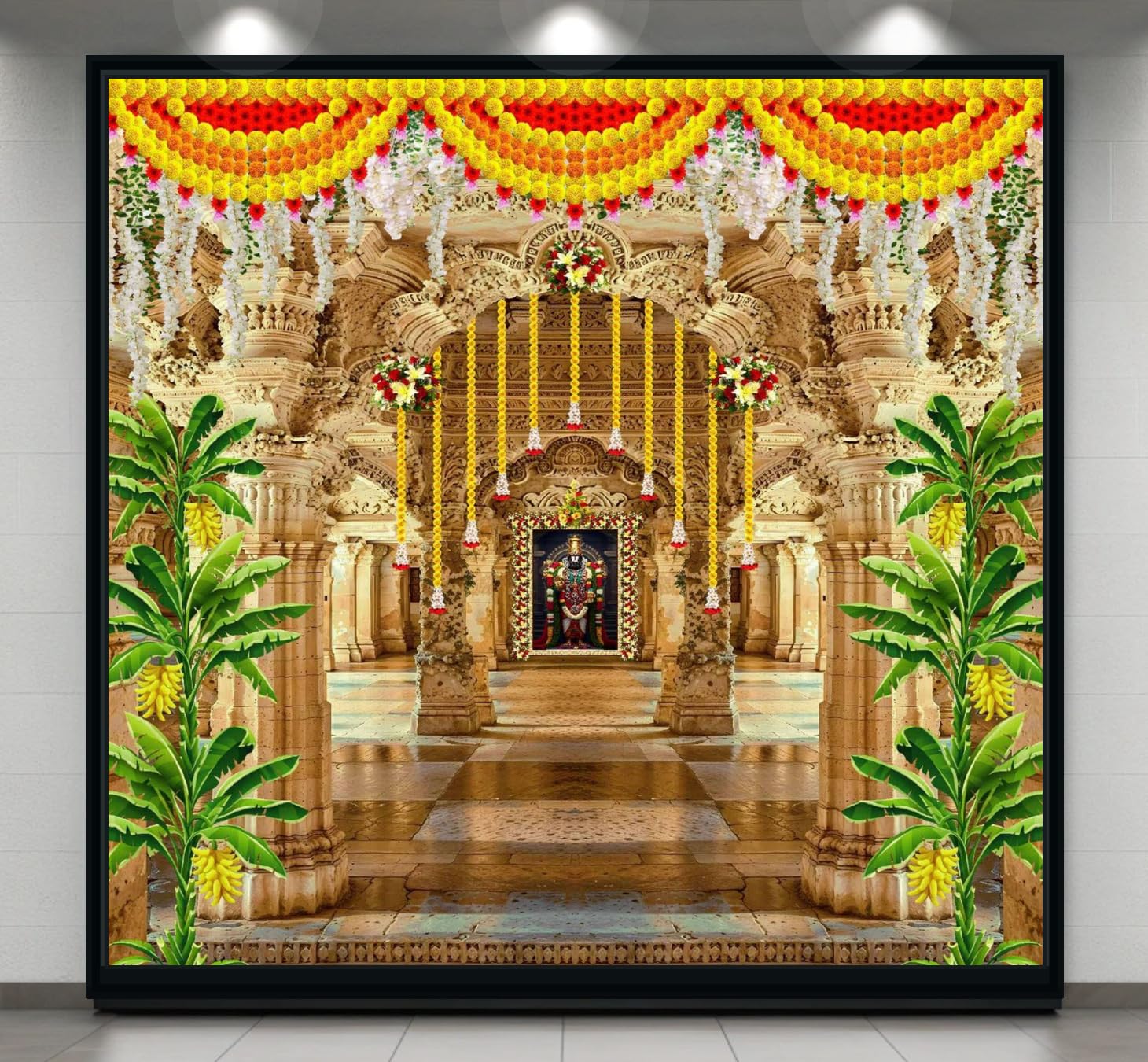 Lord Venkateswara Swamy Temple Fabric Backdrop Tirupati Balaji Mandir Entrance with Banana Tree & Floral Decoration for Pooja, Housewarming & Events Size 8 Feet Height and 8 Feet Width(8 * 8)-image-19