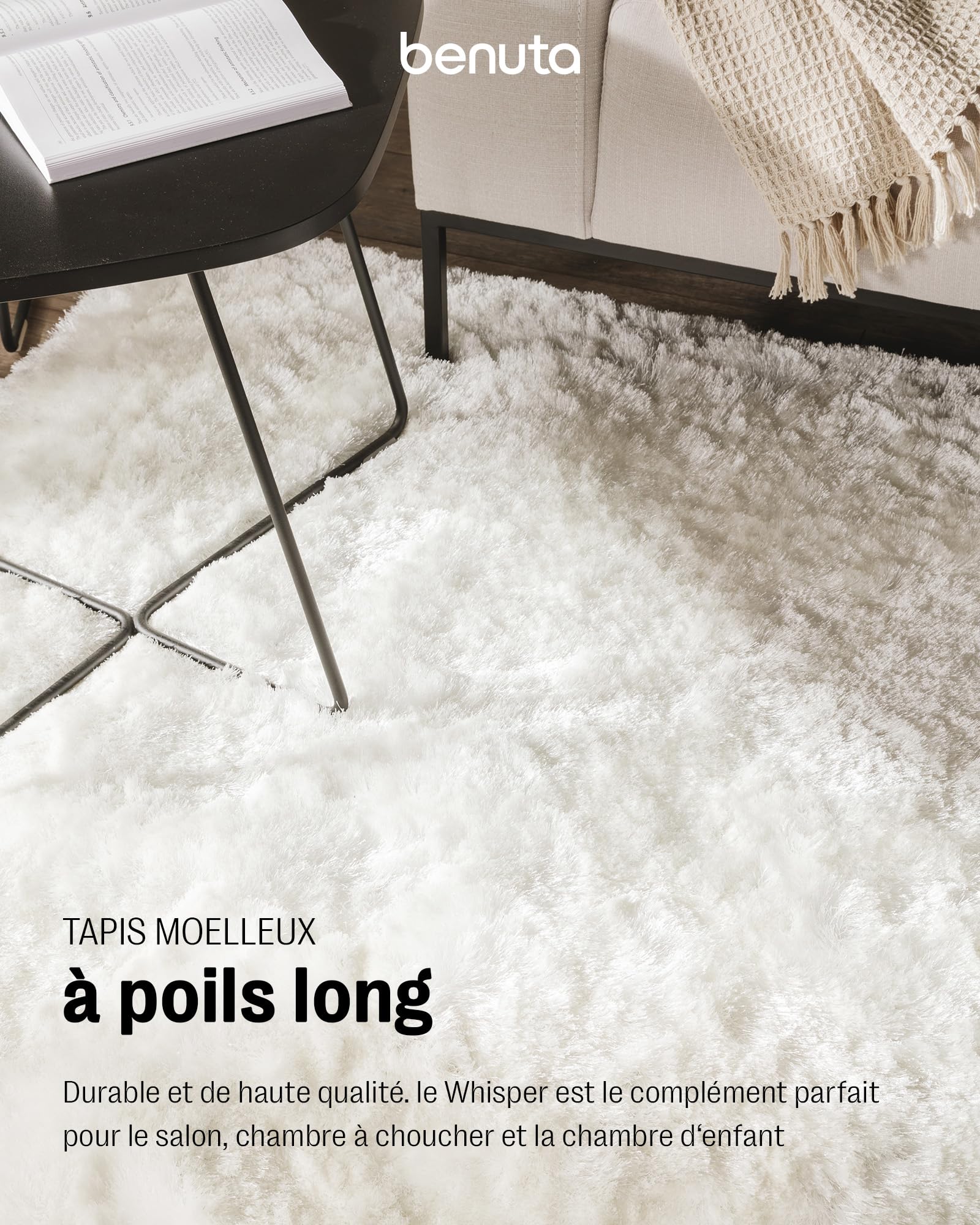 benuta Tapis Shaggy à Poils Longs/Longues mèches Whisper Pas Cher Blanc 200x290 cm - sans Pollution - 100% Polyester - Uni - Tufté à la Main - Salon