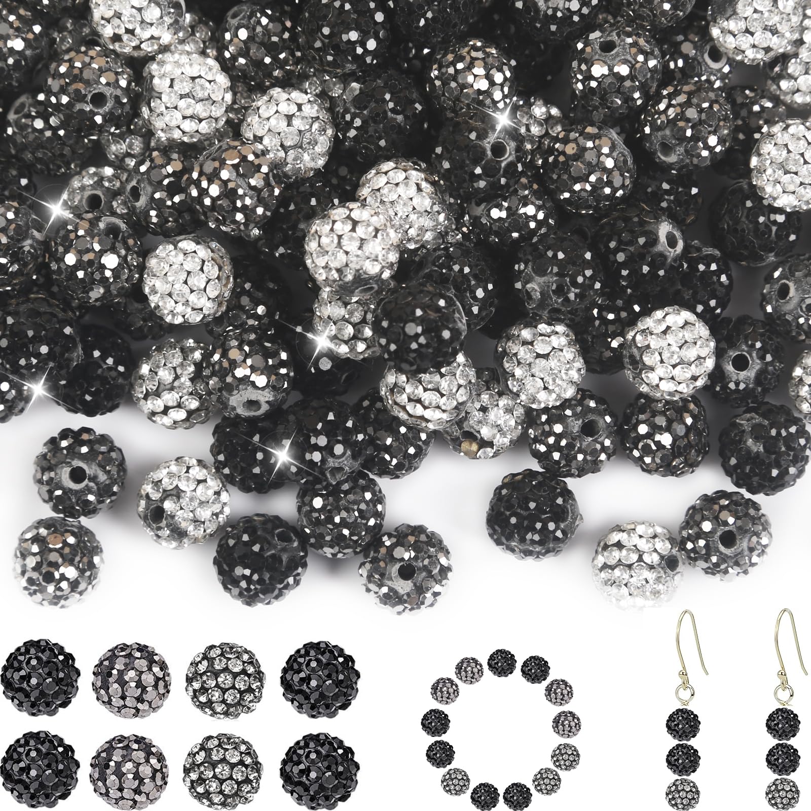 Photo 1 of 100Pcs Rhinestone Beads 10mm Black Sparkle Round Shamballa Disco Ball Beads, Shiny Crystal Clay Pave Diamond Rhinestones Bead for Baseball Necklace Bracelet Earring Jewelry Making Party Decoration