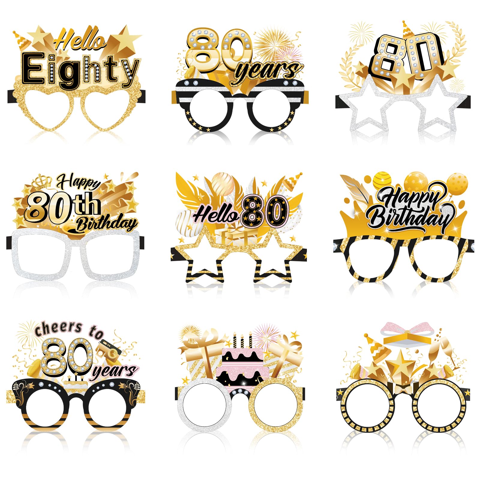 Konsait 80th Birthday Glasses - 18 Pack Photo Props for Man & Woman, Hello Eighty Cheers to 80 Years Party Favors