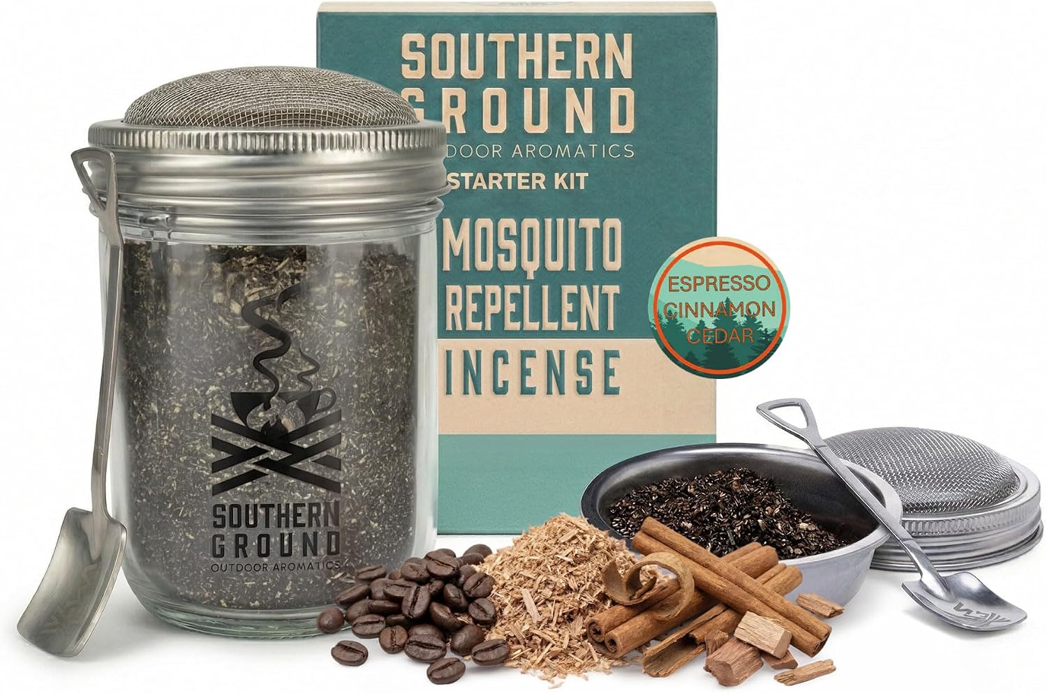 Southern Ground Natural Mosquito Repellent Outdoor Candle, Cedar Cinnamon Incense Starter Kit, Recycled Coffee Grounds & Cedar Sawdust, Bug Repellent for Backyard Patio Camping, 10+ Hours Burn Time