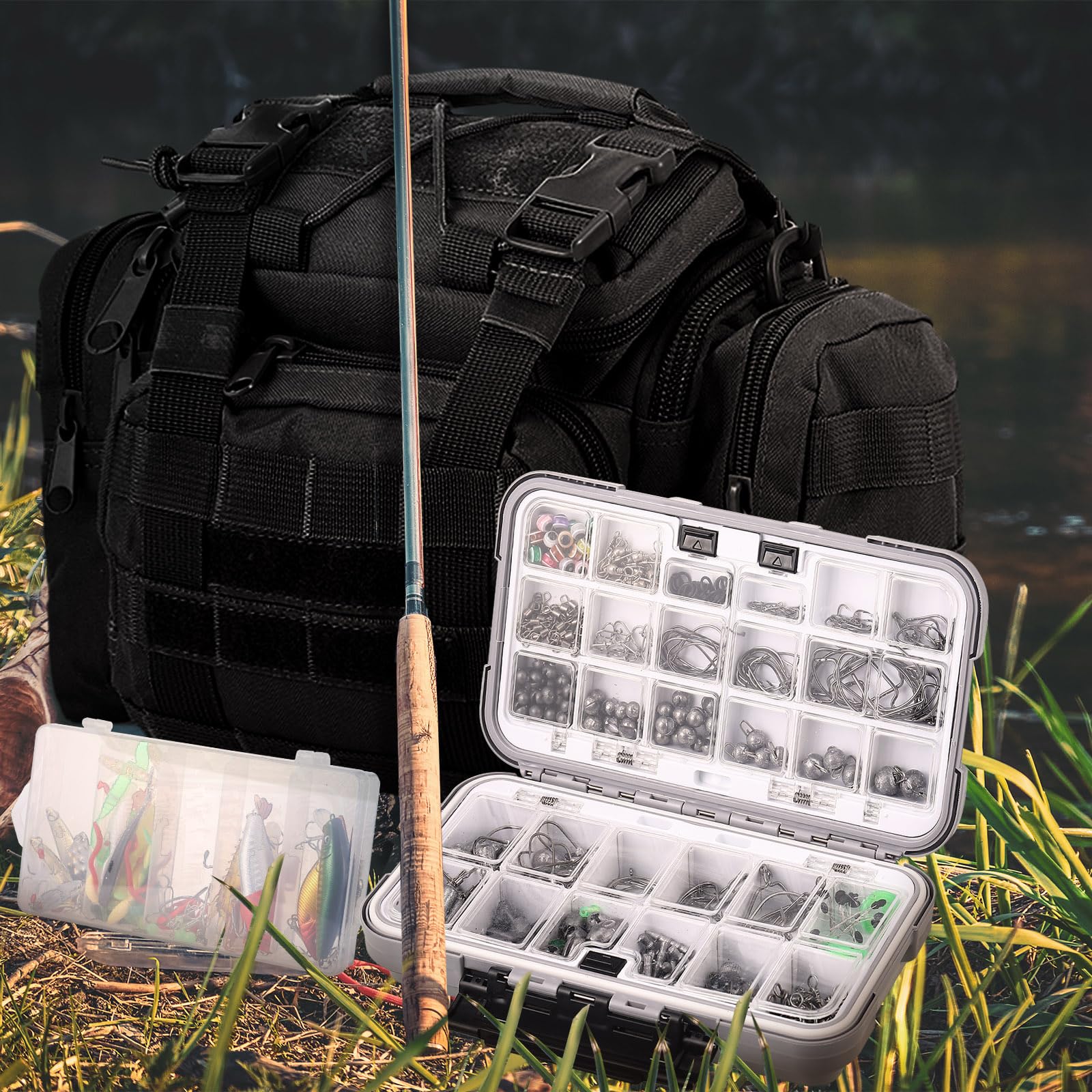 Sosation Kit de equipo de pesca de 482 piezas, caja de aparejos de pesca con aparejos incluidos, kit de herramientas de extracción de anzuelos, kit de señuelos de mochila (negro)