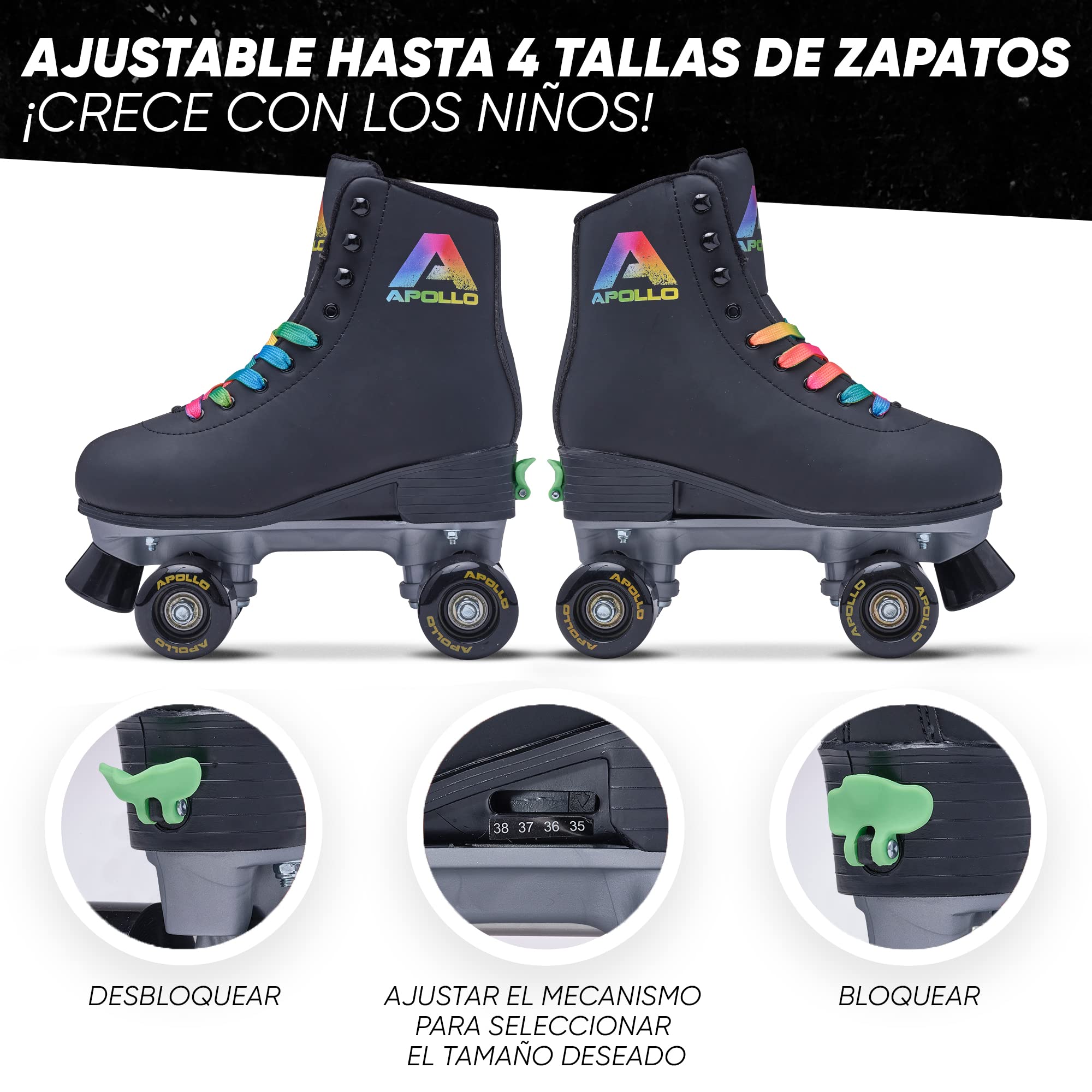 Patines Apollo Classic de 4 Ruedas - para niños, Adolescentes y Adultos, Talla Ajustable, para niñas y Mujeres, cómodos, para Todas Las Edades, 3 Tallas Desde la Talla de Calzado 31 hasta la 42