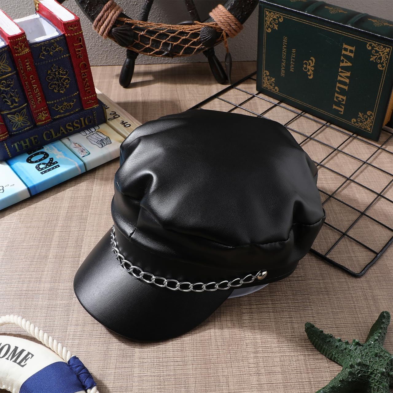 VALICLUD Navy Captain Hat for Women and Men Pu Leather Newsboy Cap with Chain Detail Flat Top Sailor Beret Style for Travel Party Daily Wear - Image 9
