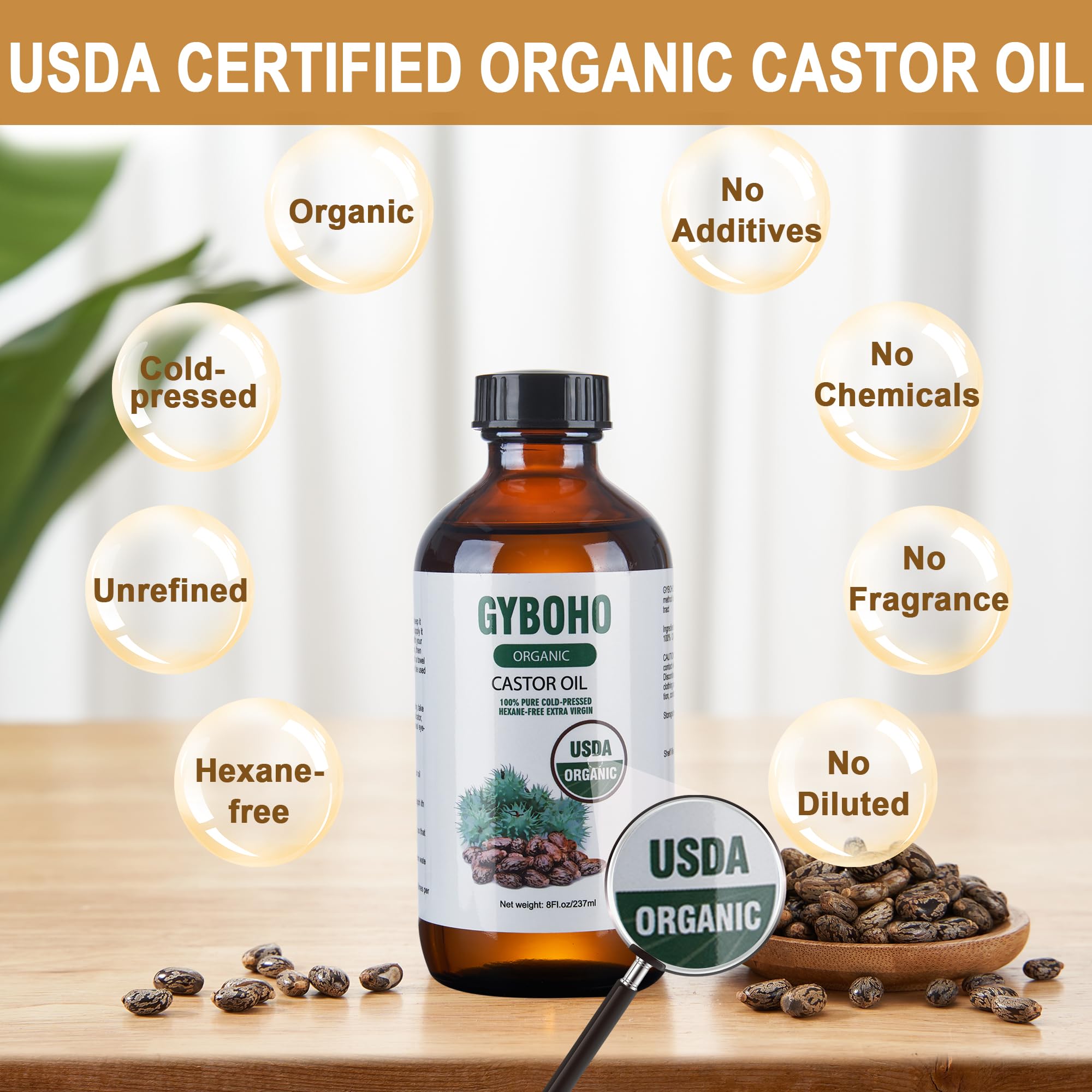 Castor Oil Organic Cold Pressed Unrefined Glass Bottle,Castor Oil Pack Wrap Organic Cotton for Stomach-Neck-Abdomen -Knee-Arm.organic castor oil for Hair Growth -Face-Lashes & Eyebrows