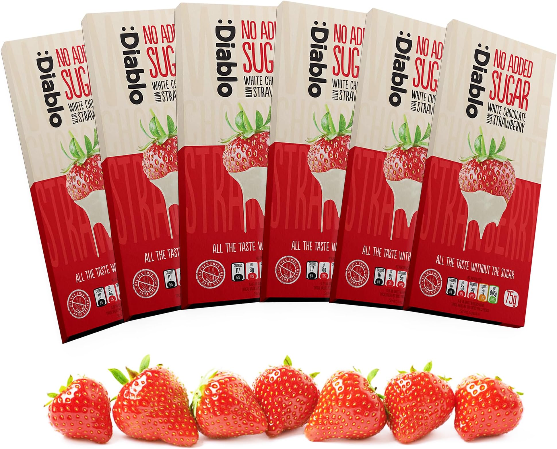 Diablo No Added Sugar White Chocolate with Strawberry – No Added Sugar Chocolate Bar Sweetened with Stevia, Gluten Free, Ideal for Any Occasion, Birthdays, Valentines, or Gift Hampers, 75g (Pack of 6)