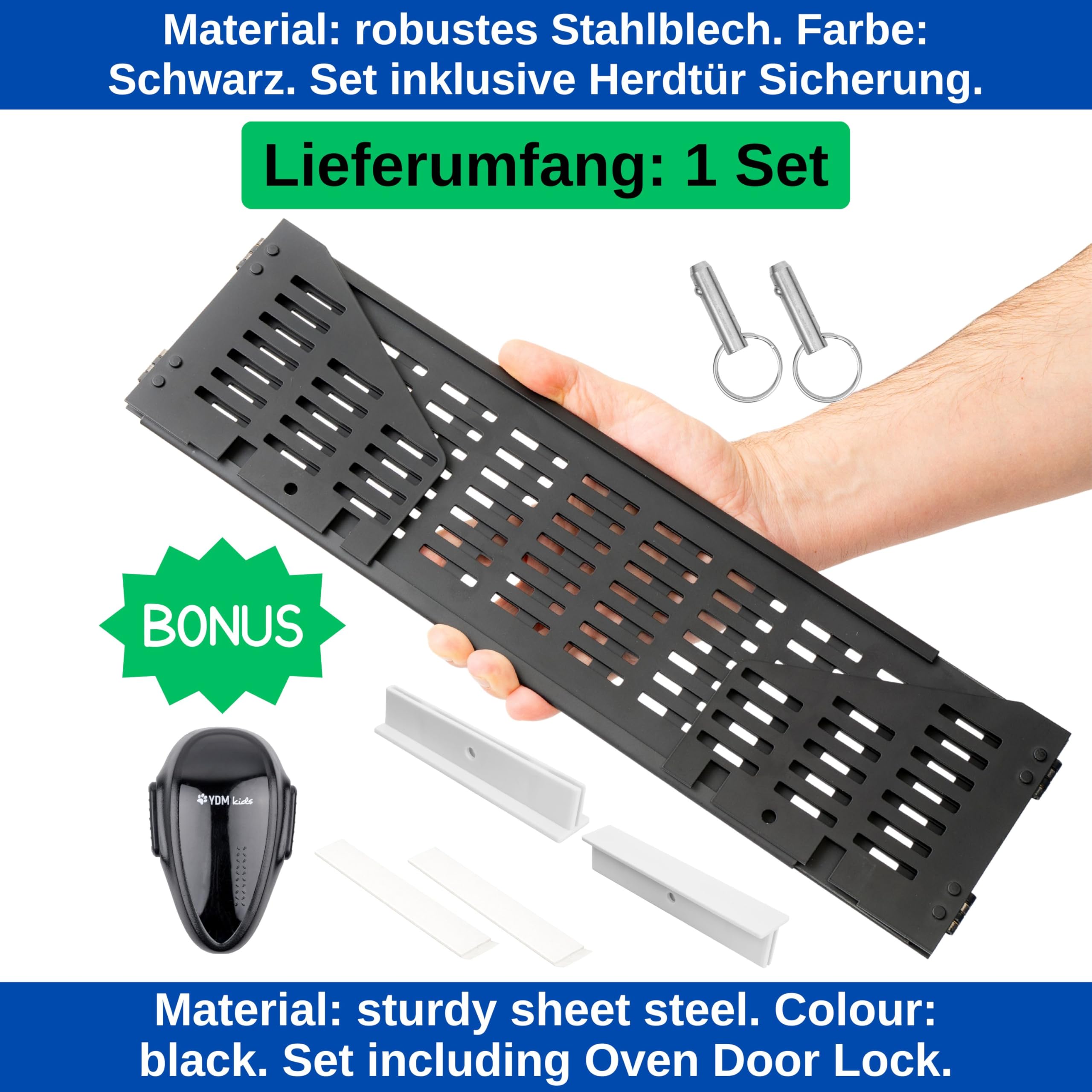 Herdschutzgitter Kindersicherung, 45 bis 70 cm ausziehbar, Schwarz, Set mit Backofentür Babysicherung, Herdschutz Gitter mit Scharnier-Seitenflügeln, zusammenfaltbar und verstaubar, Kochfeld Abdeckung