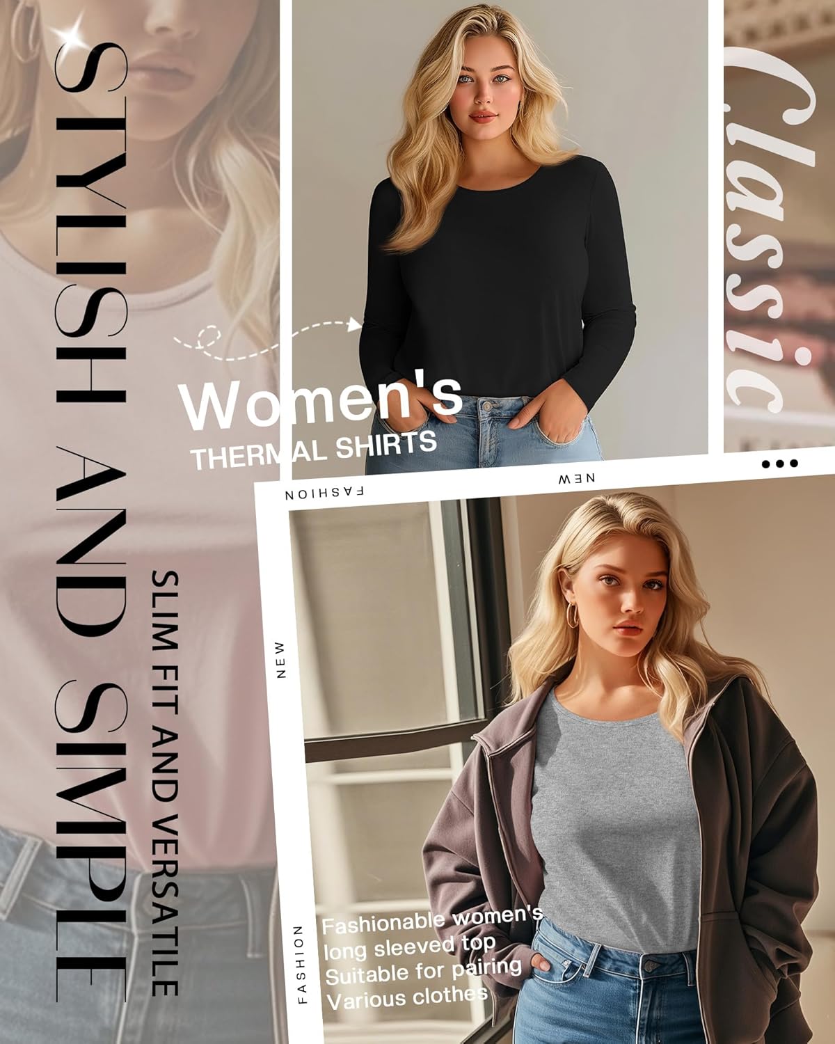 3 Pack Women's Plus Size Cotton Shirts, Scoop Neck Long Sleeve Casual Tops Form Fitting Knitted T-Shirts Blouses - Image 2