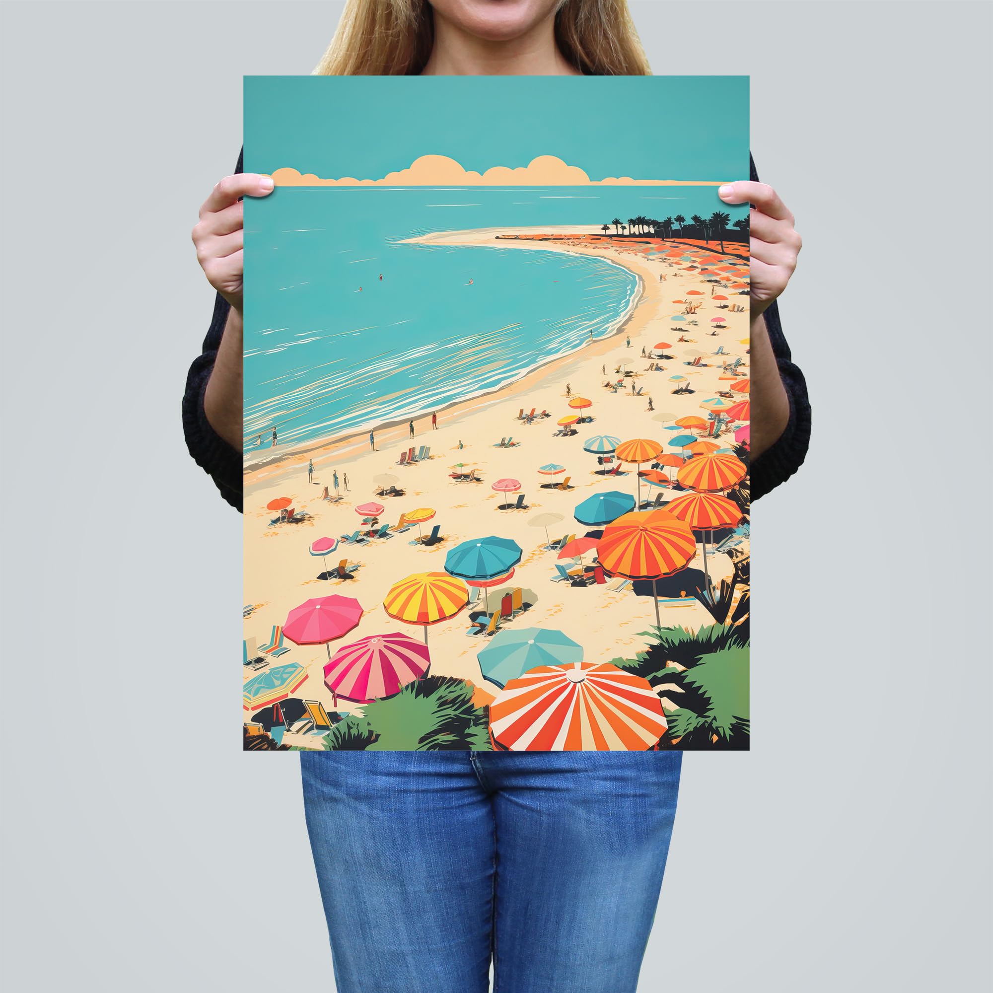 Wee Blue Coo Sun Sand Sea Cove Busy Beach Coastal Landscape Aqua Orange Pink Bright Painting Large Wall Art Poster Print Thick Paper 18X24 Inch - Image 4