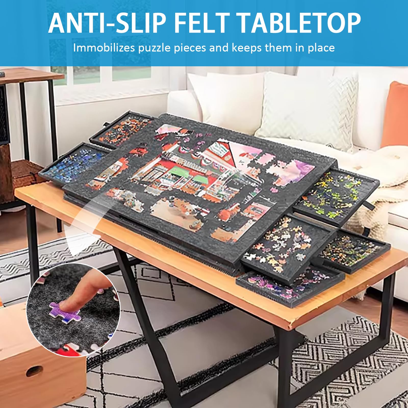 Tavolo per Puzzle Inclinabile con 6 Cassetti e Copertura - Tavola Leggera in Feltro per Fino a 1000 Pezzi - Con Supporto 2-in-1 e Maniglia da Trasporto - Ideale per Adulti e Appassionati di Puzzle
