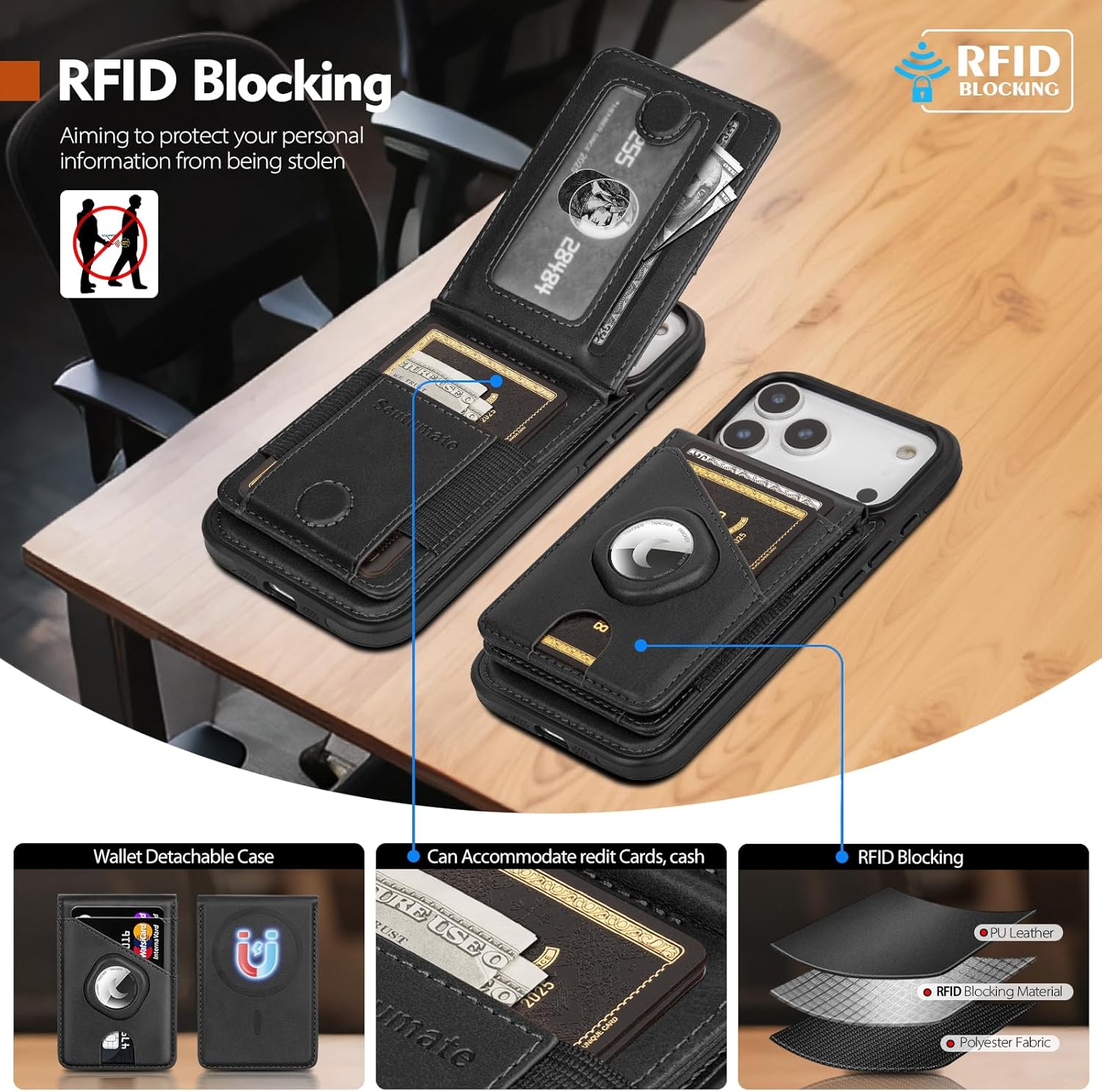 Compatible with MagSafe iPhone 17 Pro Max Case Wallet with AirTag Holder,Men Women Magnetic Detachable 2 in 1 PU Leather RFID Blocking Credit Card Holder Flip Folio Cover Kickstand,Black