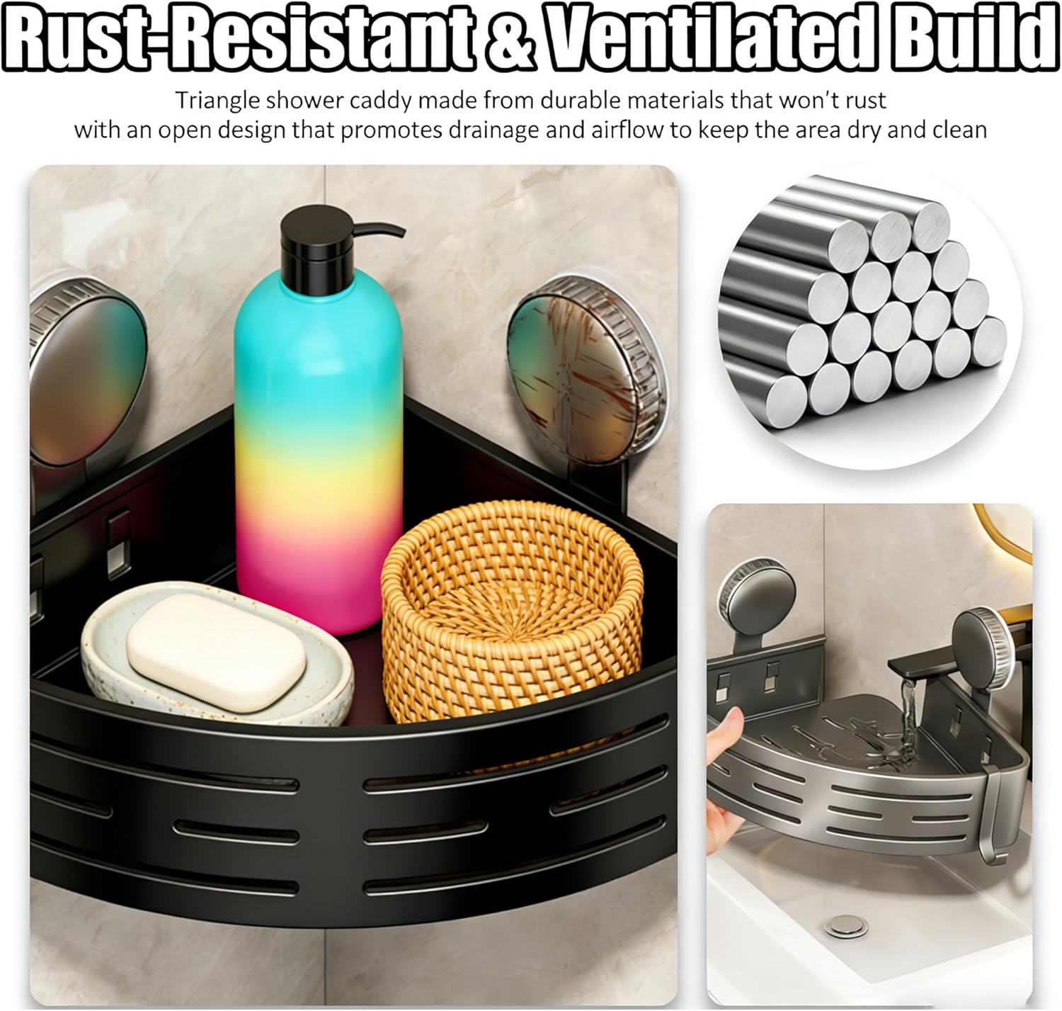 Triangle Suction Cup Shower Caddy, No Drill Bathroom Corner Shelf, 2-Tier Shower Organizer with Towel Bar & Hooks, Rust Resistant Shower Storage Rack for Bathroom (Black*3)