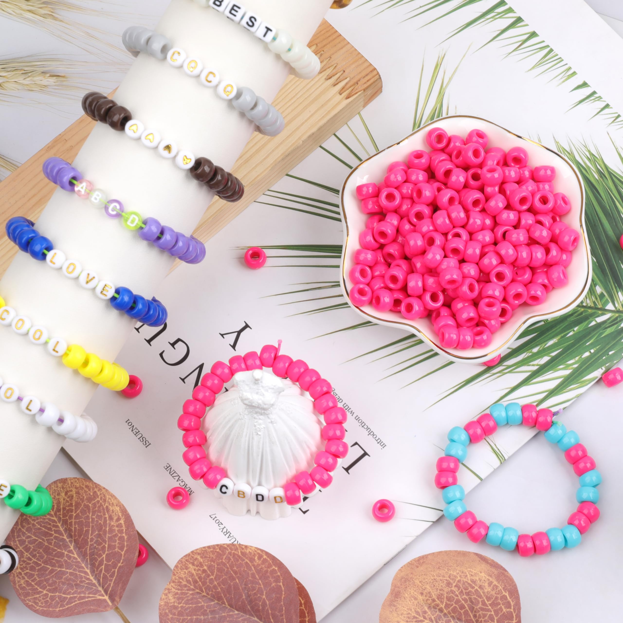 Auvoau 1000Pcs Pony Beads Bracelet 9mm Rose Plastic Barrel Pony Beads for Necklace,Hair Beads for Braids,Key Chain,Jewelry Making (Hot Pink) - Image 3
