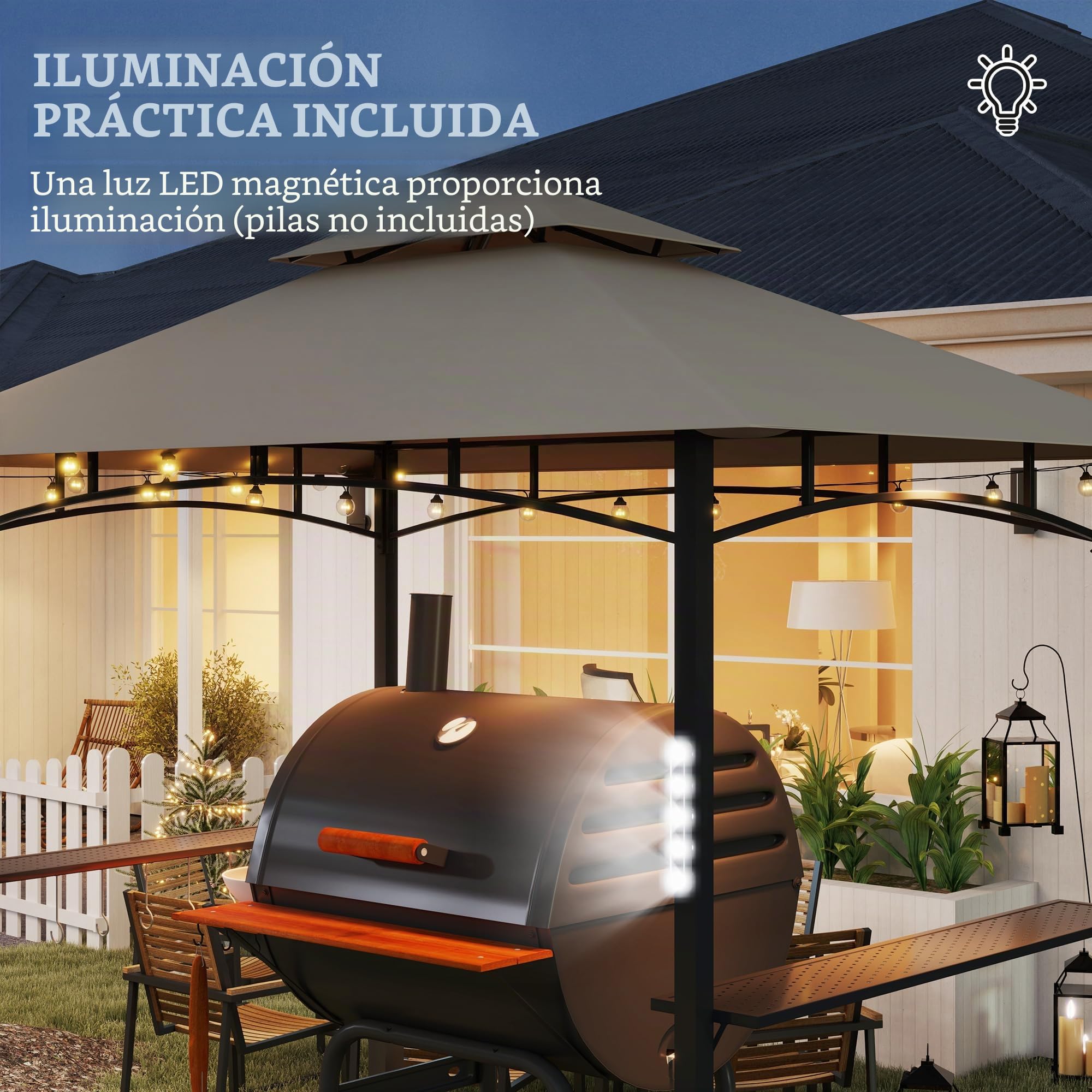 Outsunny Cenador de barbacoa de dos niveles, toldo de recepción para jardín, con luz LED, gancho de techo 2 estantes laterales 240 x 150 x 250 cm Caqui