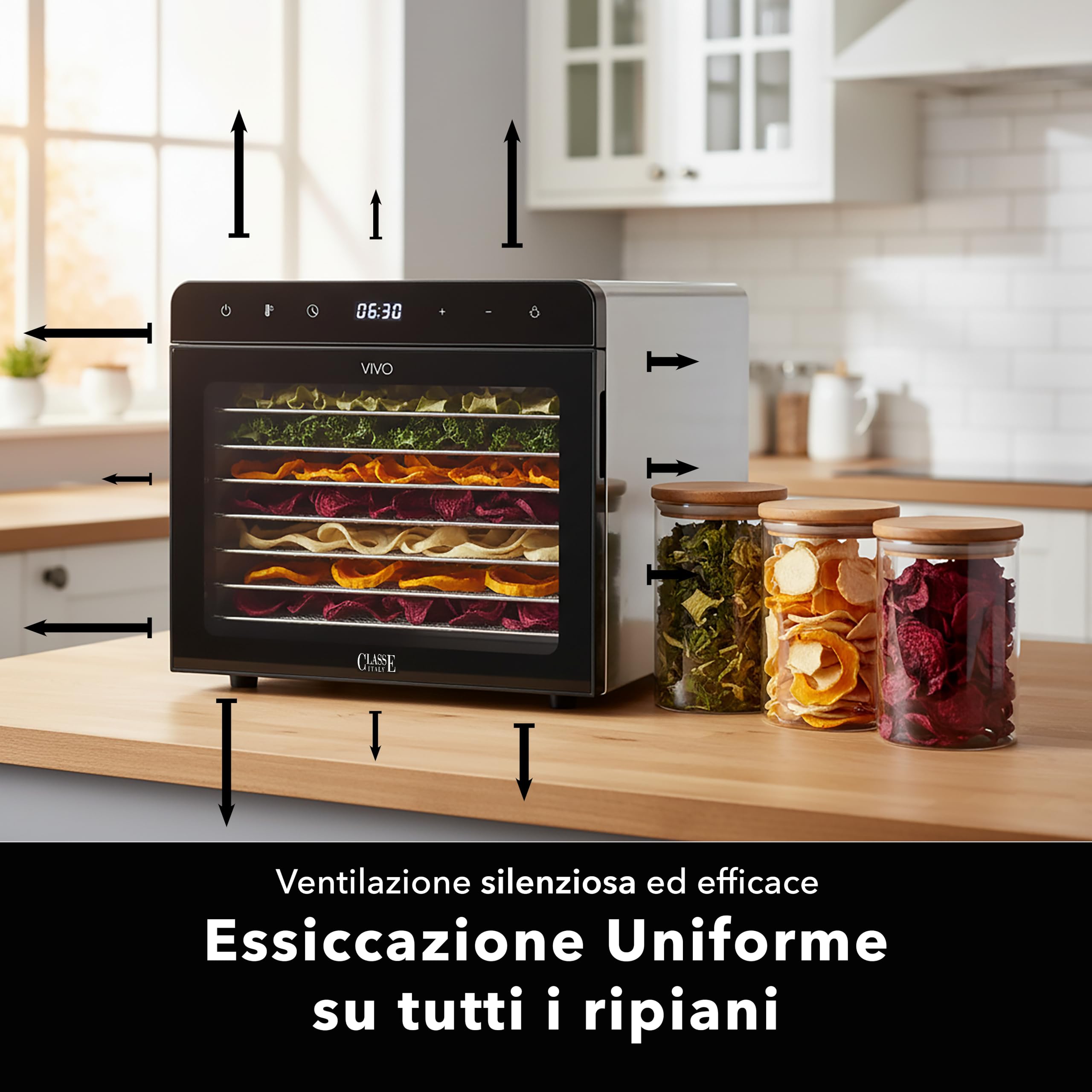 CLASSE ITALY Essiccatore Alimentare Basso Consumo, 8 Vassoi in Acciaio SUS 304, 700W, GARANZIA 5 ANNI, Temperatura Regolabile 35-85°C, Timer 24 ore, BPA Free