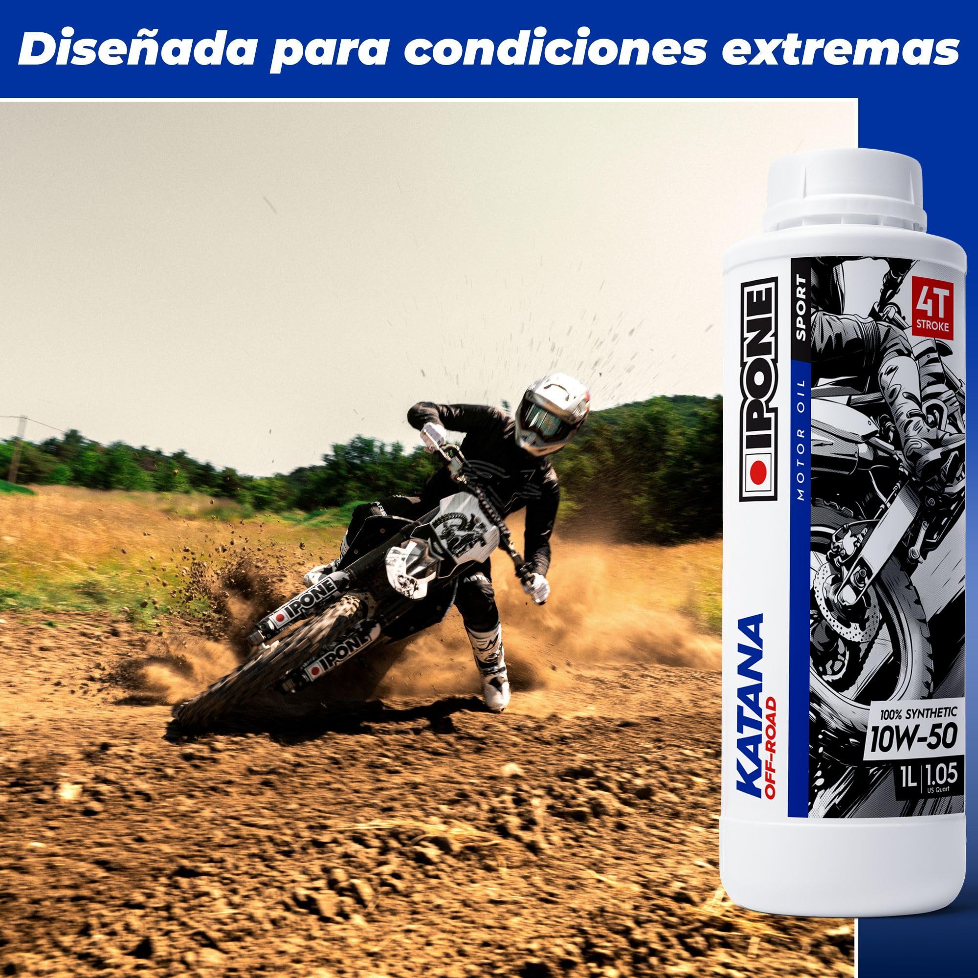 IPONE - Aceite Motor Motos de 4 Tiempos 10W50 Katana Off Road -100% Sintético con Ésteres - Cambio de Marcha Rápido y Preciso - Bidón 4L