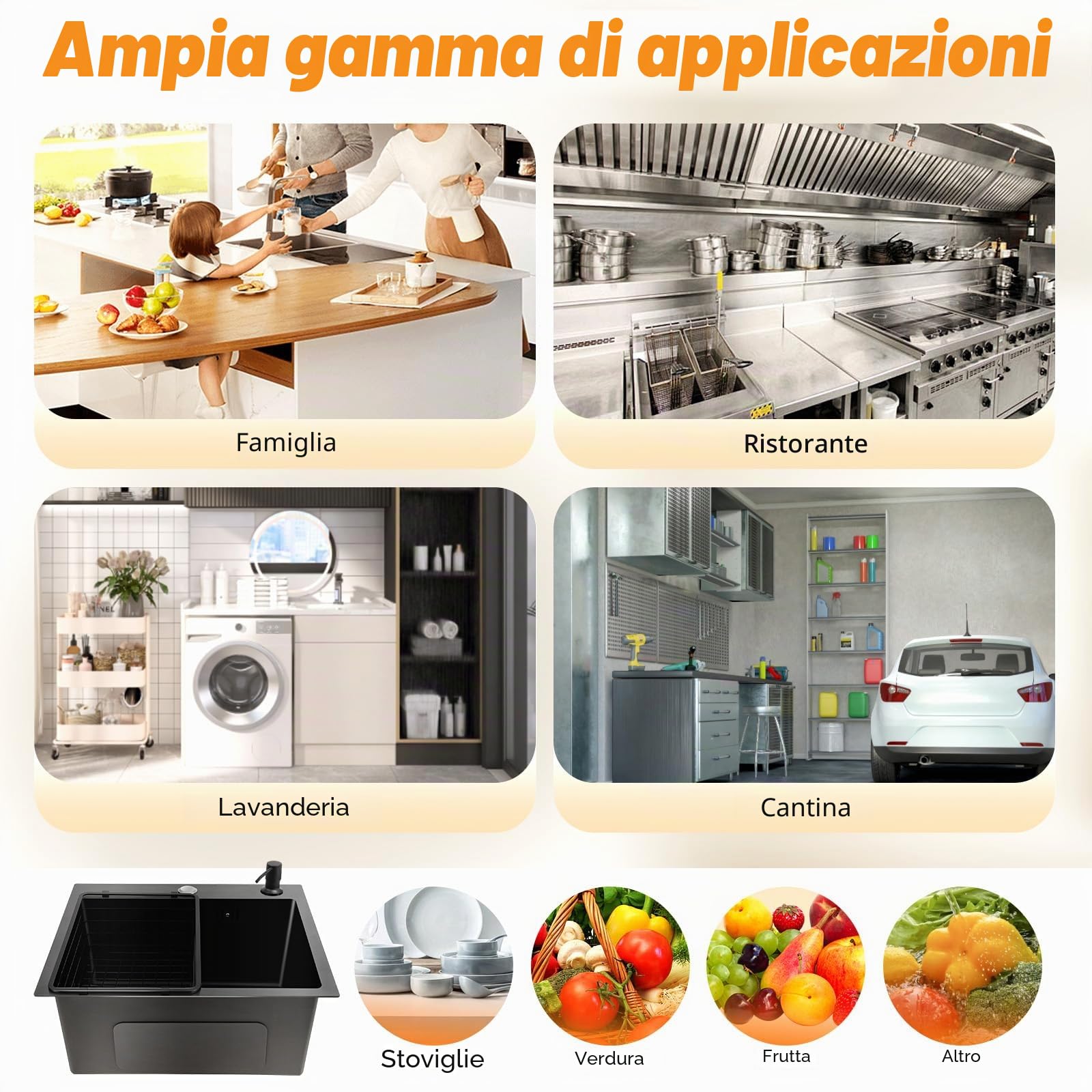 Lavello da incasso, nero, 45 x 40 cm, lavello da cucina, in acciaio inox, con mobiletto, incluso scarico, scolapiatti e dispenser di sapone