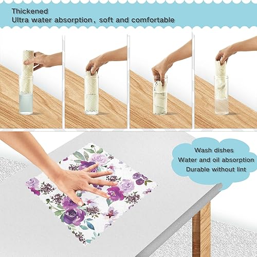 Miniatura 4 de CaTaKu Paños de limpieza reutilizables de microfibra de flores moradas, paños de cocina para lavar platos, paños de cocina con rosas de acuarela