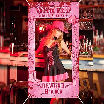 Cowgirl Party Decorations Pink Western Photo Booth Wanted Poster Photo Prop Photos Frame Banner for Wild West Birthday Decoration Supplies Pink