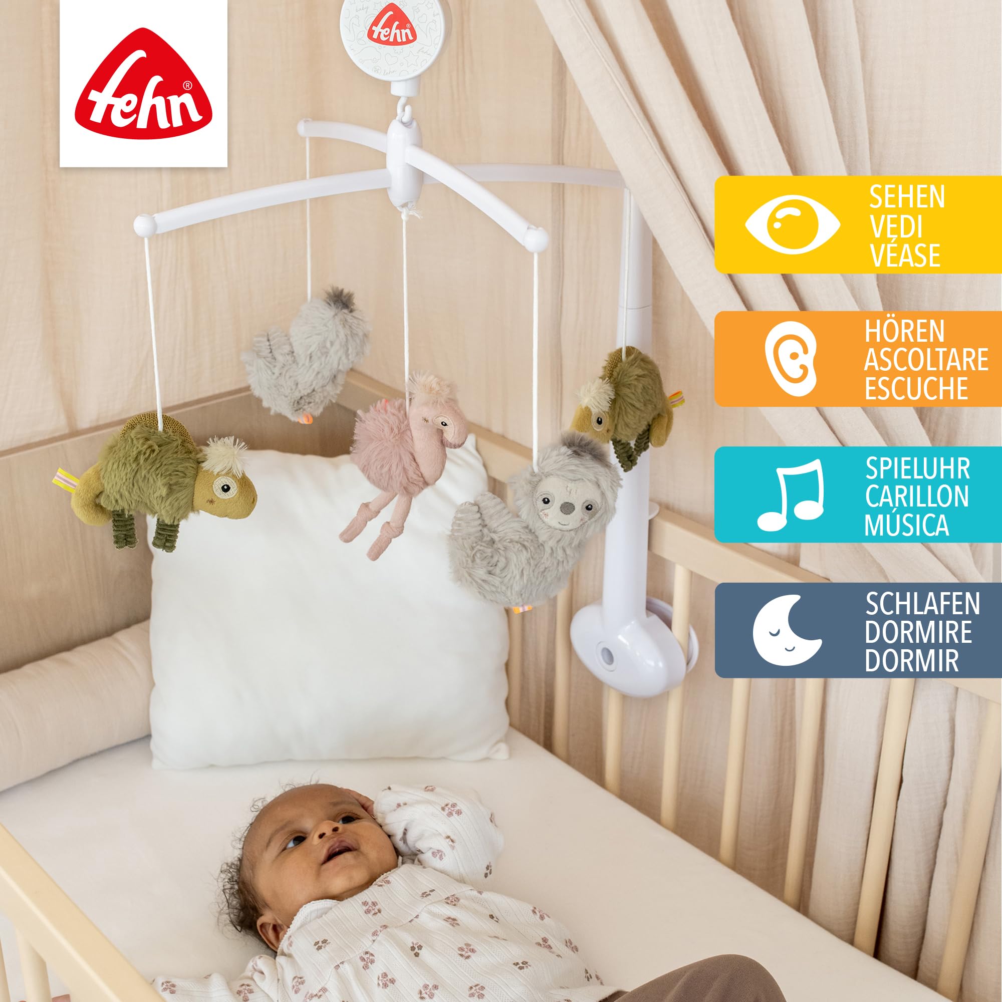 Fehn giostrina musicale Lazy, Crazy, Pink - mobile da appendere con melodia musicale ninna nanna di Brahms e personaggi per calmare e intrattenere - Con fissaggio al letto per bambini da 0 a 5 mesi