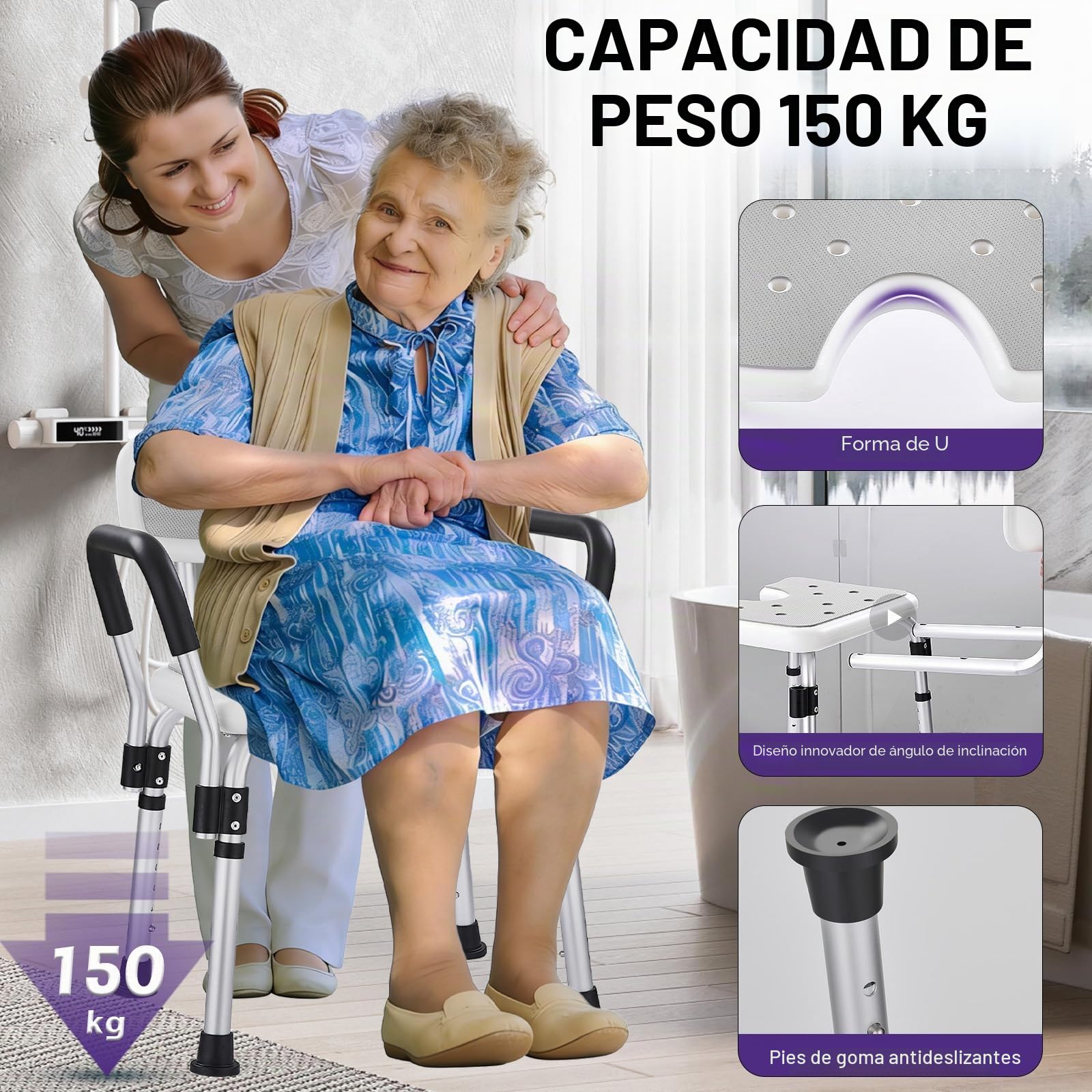 Silla de Ducha para Mayores en U Taburete Ajustable de 6 Alturas Reposabrazos, Silla de Bañera de Aluminio con Antideslizante Asiento para Ducha Interior, Antideslizante Seguridad hasta 150kg